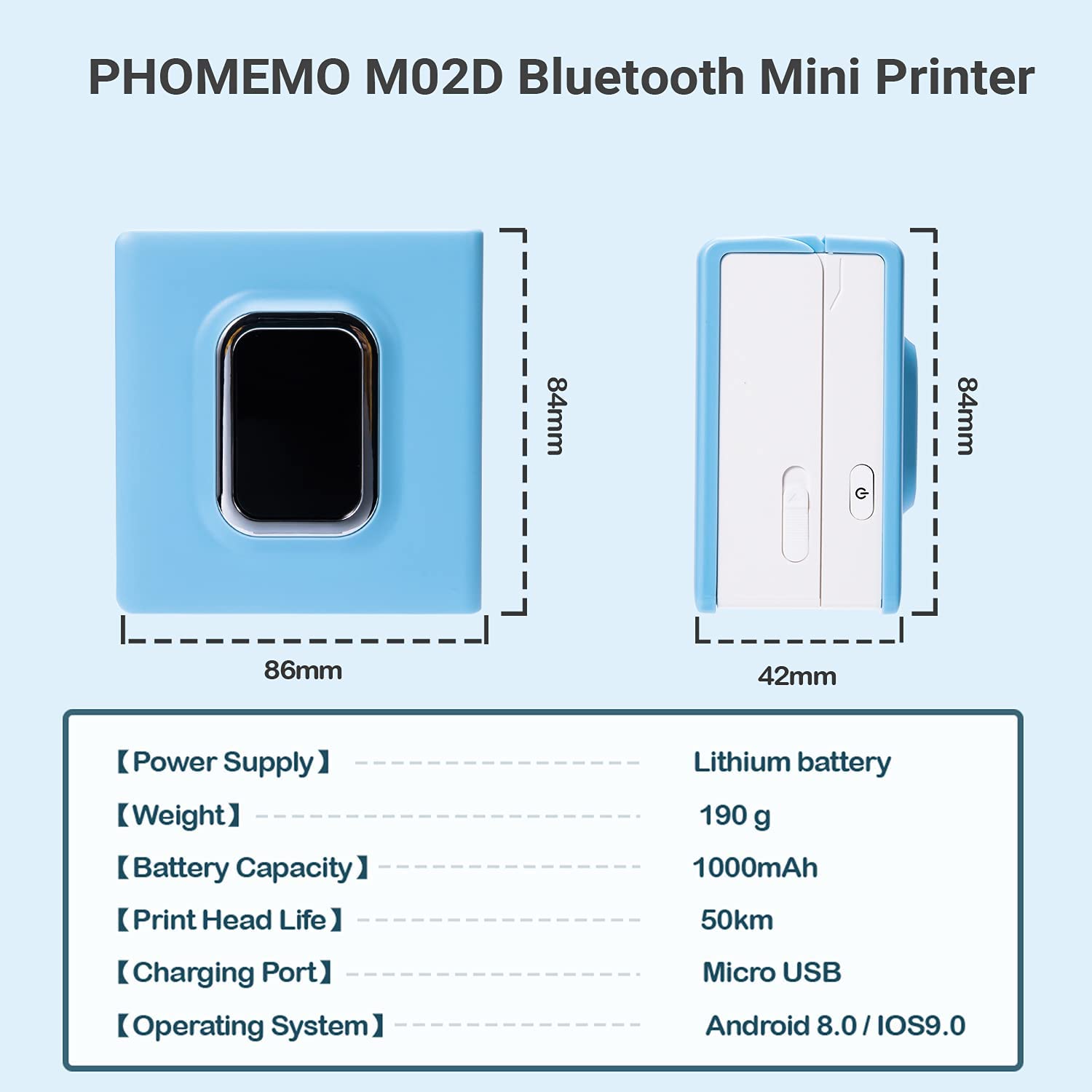 Portable Mini Sticker Printer, M02D Portable Wireless Printer with 1 Roll Paper, Compatible with iOS Android, Pocket Printer for Small Business, Bullet Journal, Work Plans, Memos