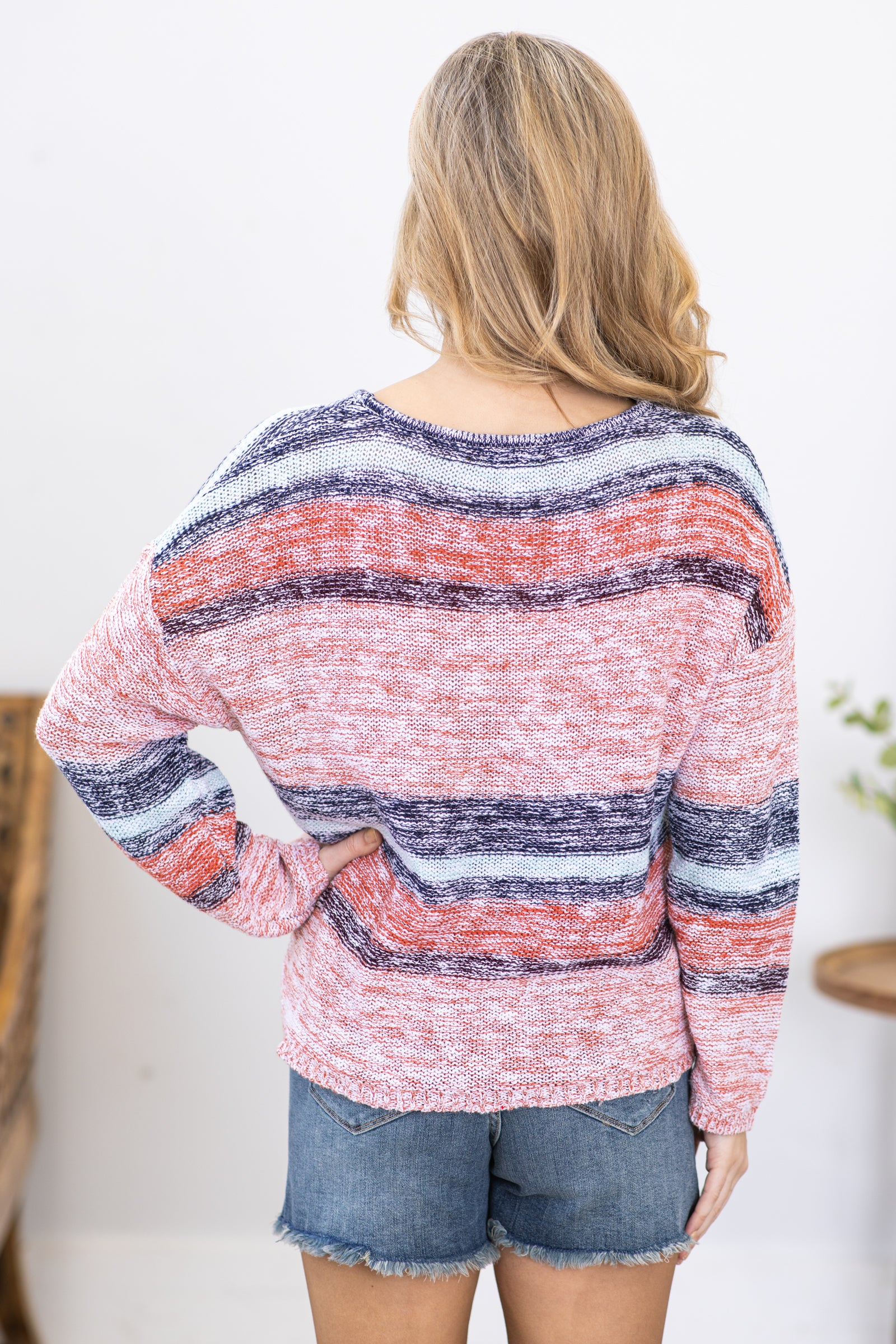 Navy Multicolor Stripe Round Neck Top