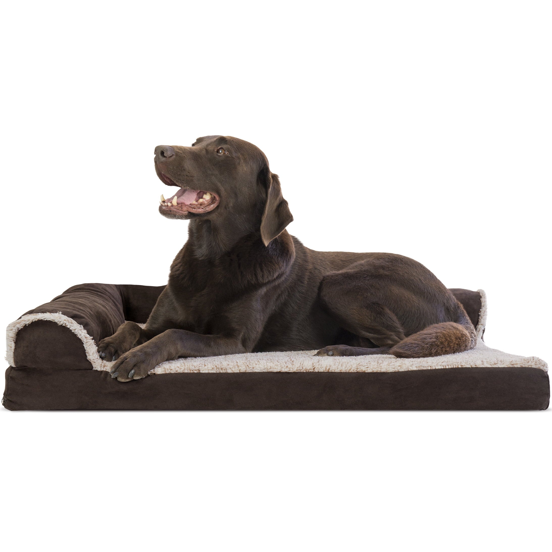 FurHaven | Deluxe Orthopedic Faux Fur and Suede L-Chaise Lounge Pet Bed for Dogs and Cats， Espresso， Large