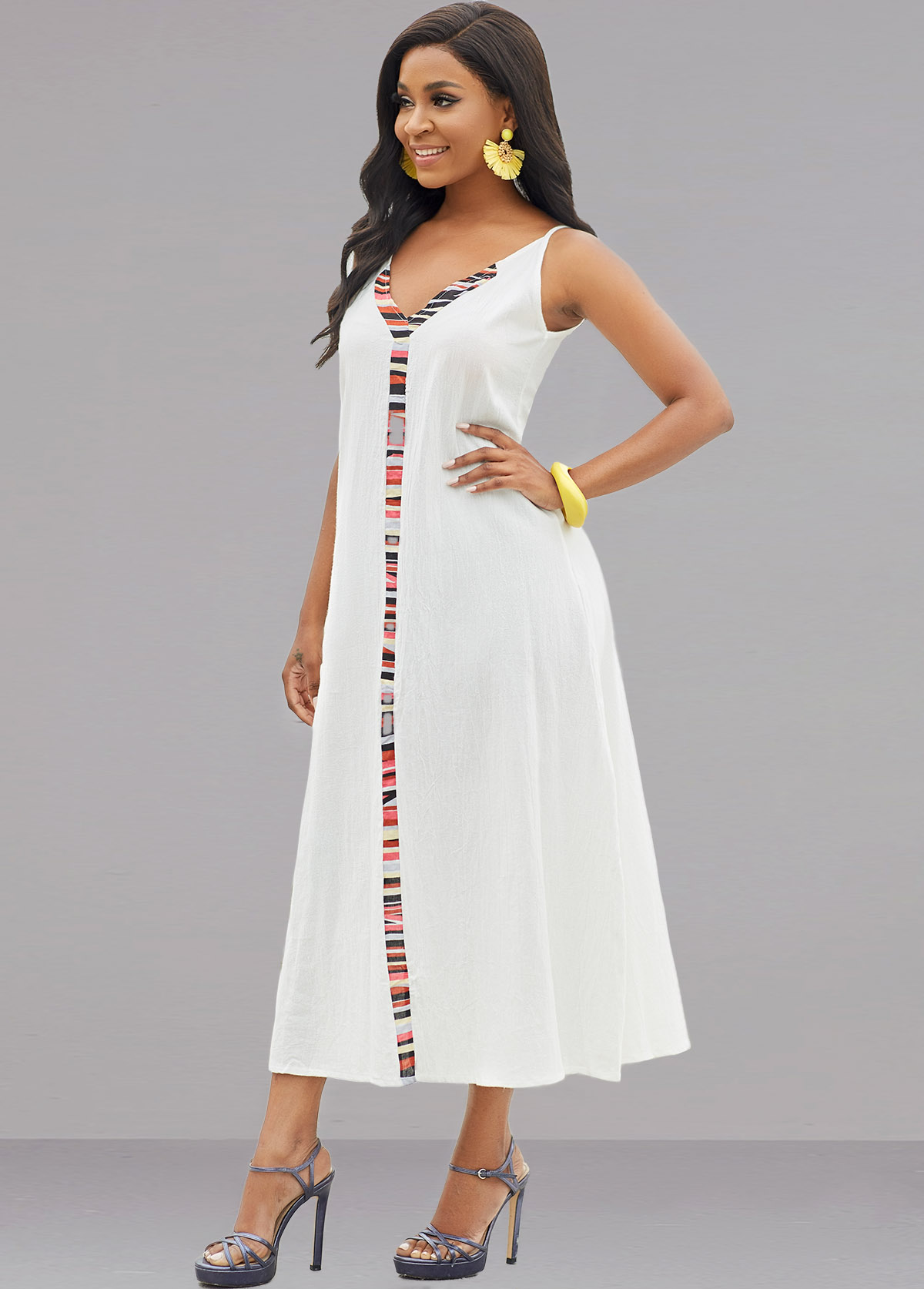 Sleeveless V Neck Rainbow Stripe Dress