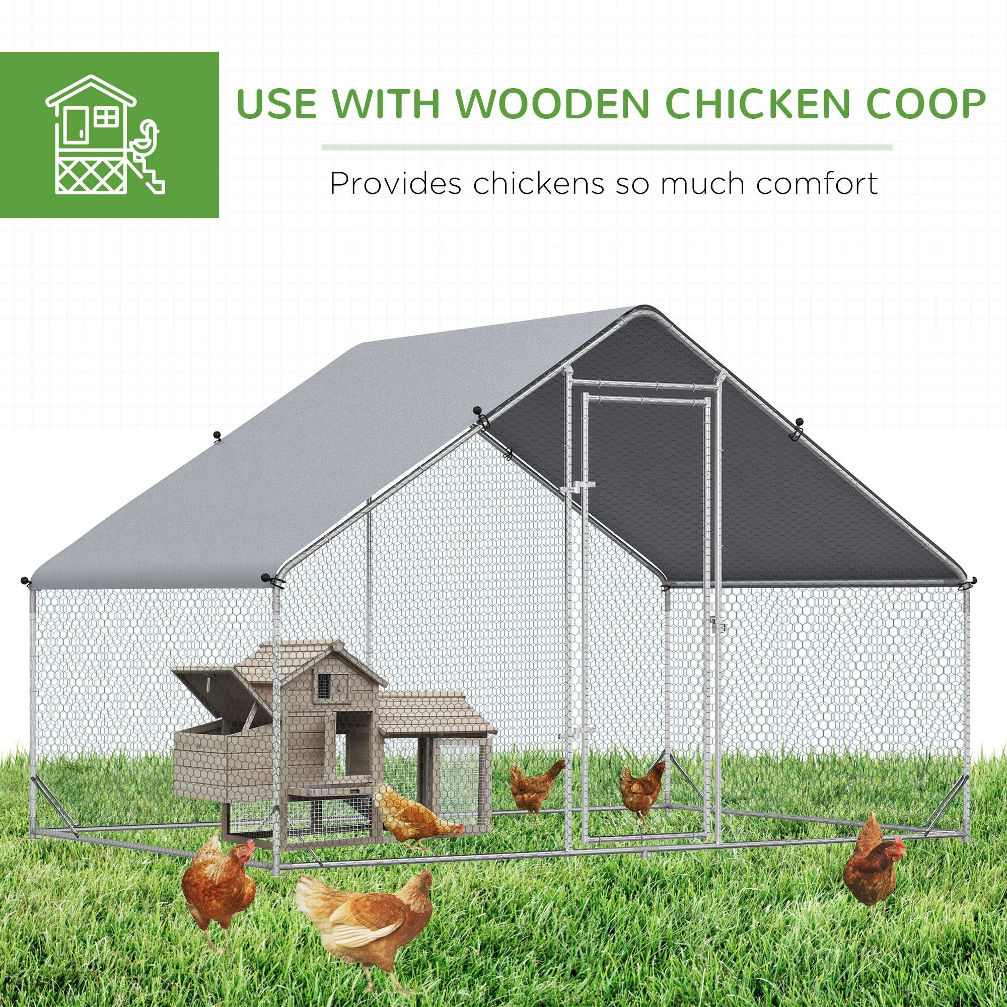 PawHut Large Metal Chicken Coop， Walk-in Poultry Cage Galvanized Hen Playpen House with Cover and Lockable Door for Outdoor， Backyard Farm， 10' x 6.5' x 6.5'， Silver