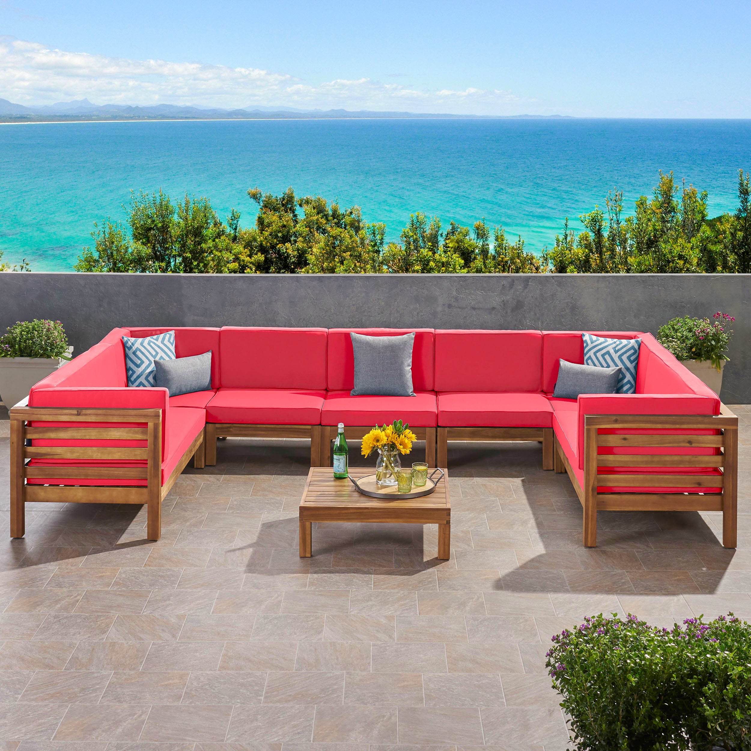 Emma Outdoor 9 Seater Acacia Wood Sectional Sofa Set