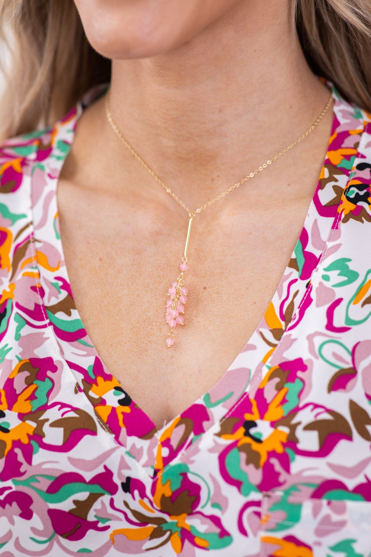 Gold and Blush Cluster Beaded Y Necklace