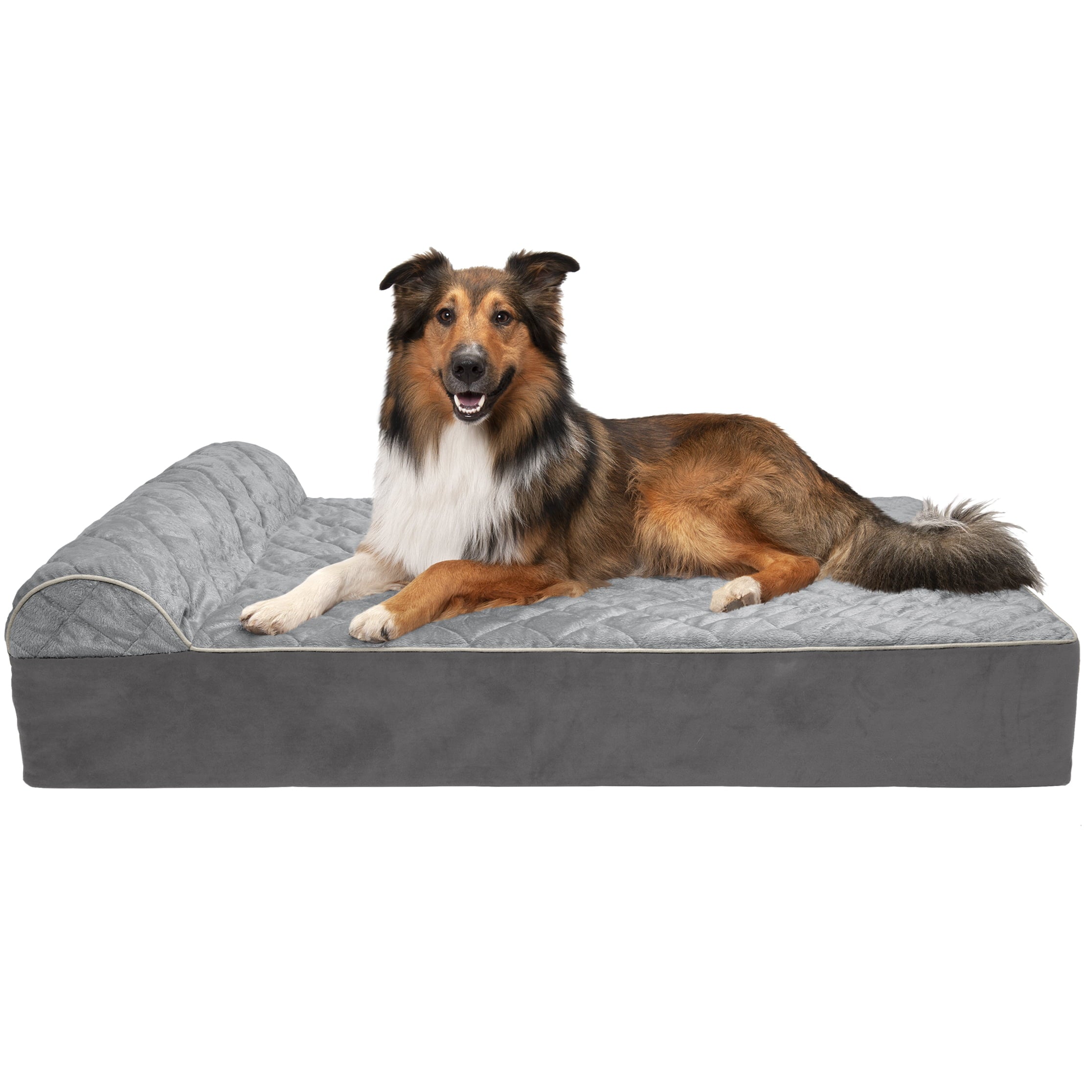 FurHaven | Orthopedic Goliath Quilted Faux Fur and Velvet Chaise Lounge Pet Bed for Dogs and Cats， Gray， 2XL
