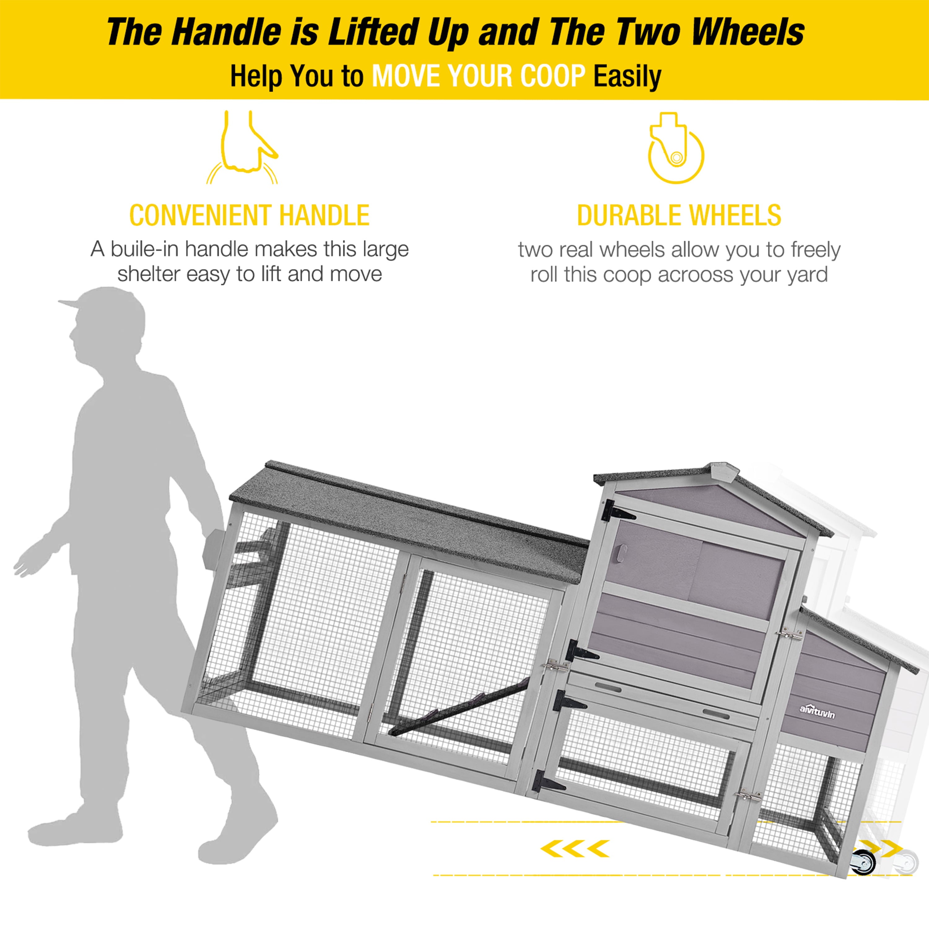 Morgete Large Chicken Coop on Wheels， Wooden Hen House with Nest Box and Asphalt Roof