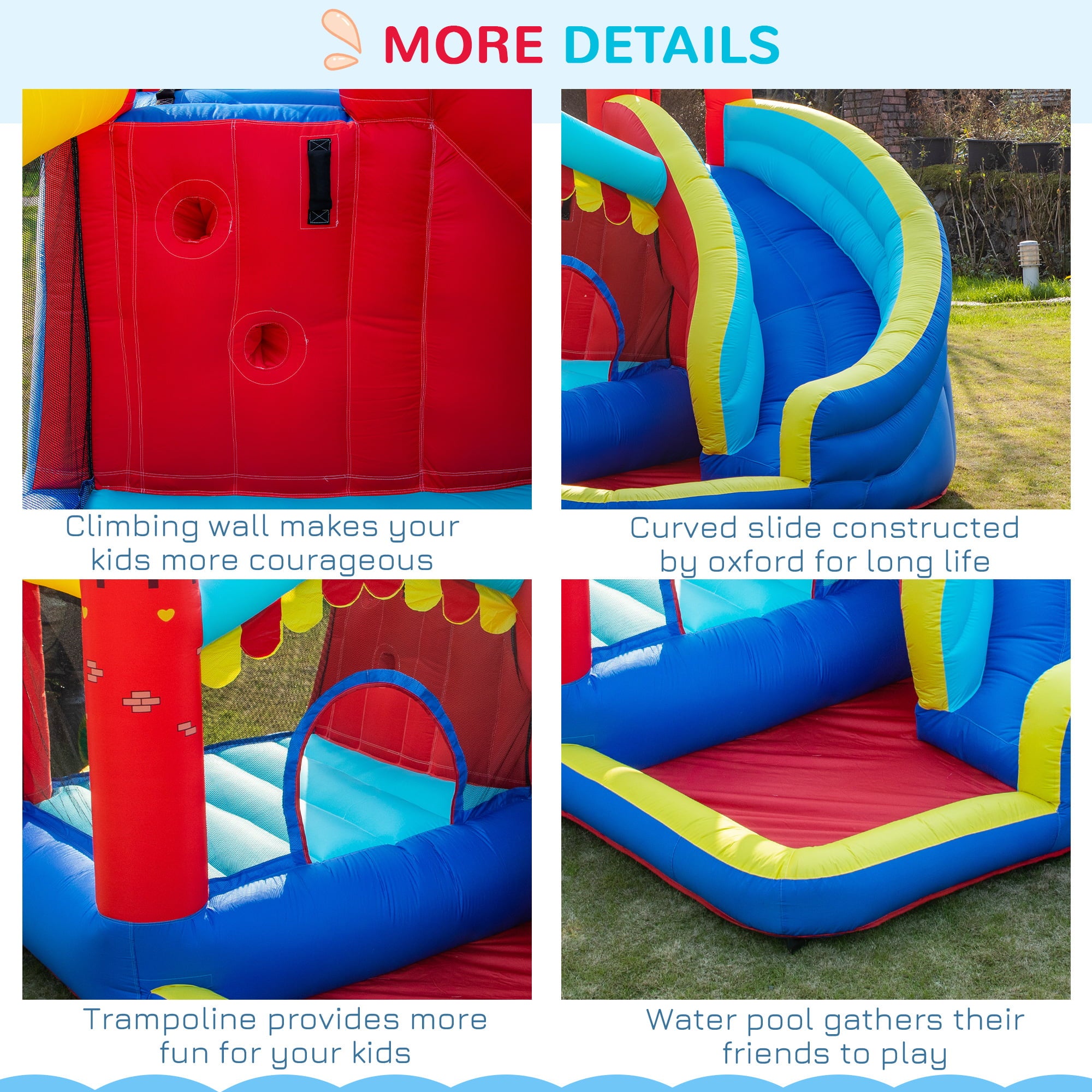 Outsunny 4 in 1 Inflatable Bounce House with Slide， Climbing Wall， and Pool or Ball Pit， Jumping Castle， Four Fun Activities， Water Bounce House for Kids