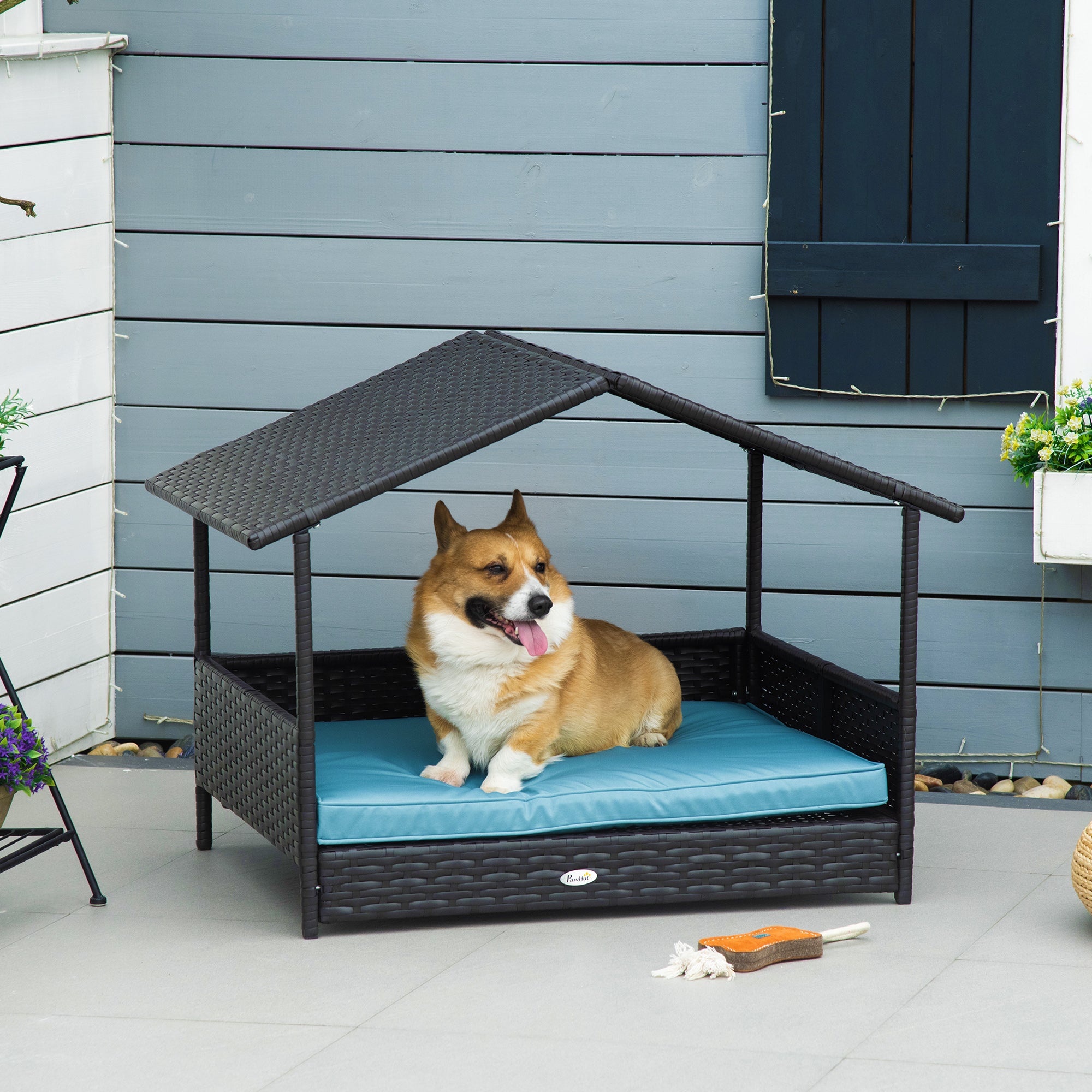PawHut Wicker Dog Bed Patio Rattan Pet Furniture with Cushion， Blue