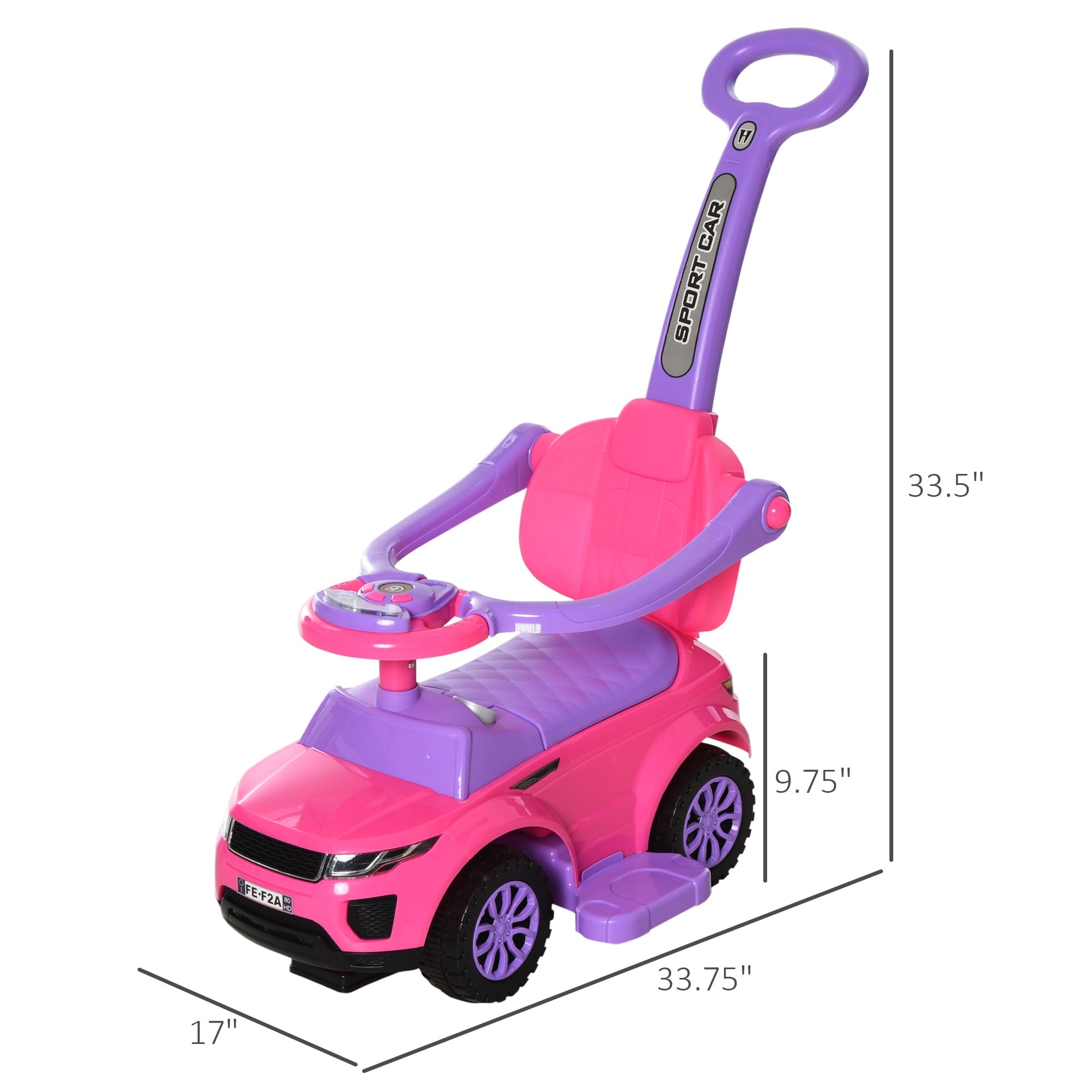 Aosom 3 In 1 Push Cars for Toddlers Kid Ride on Push Car Stroller Sliding Walking Car with Horn Music Light Function Secure Bar Ride on Toy for Boy Girl 1-3 Years Old Pink