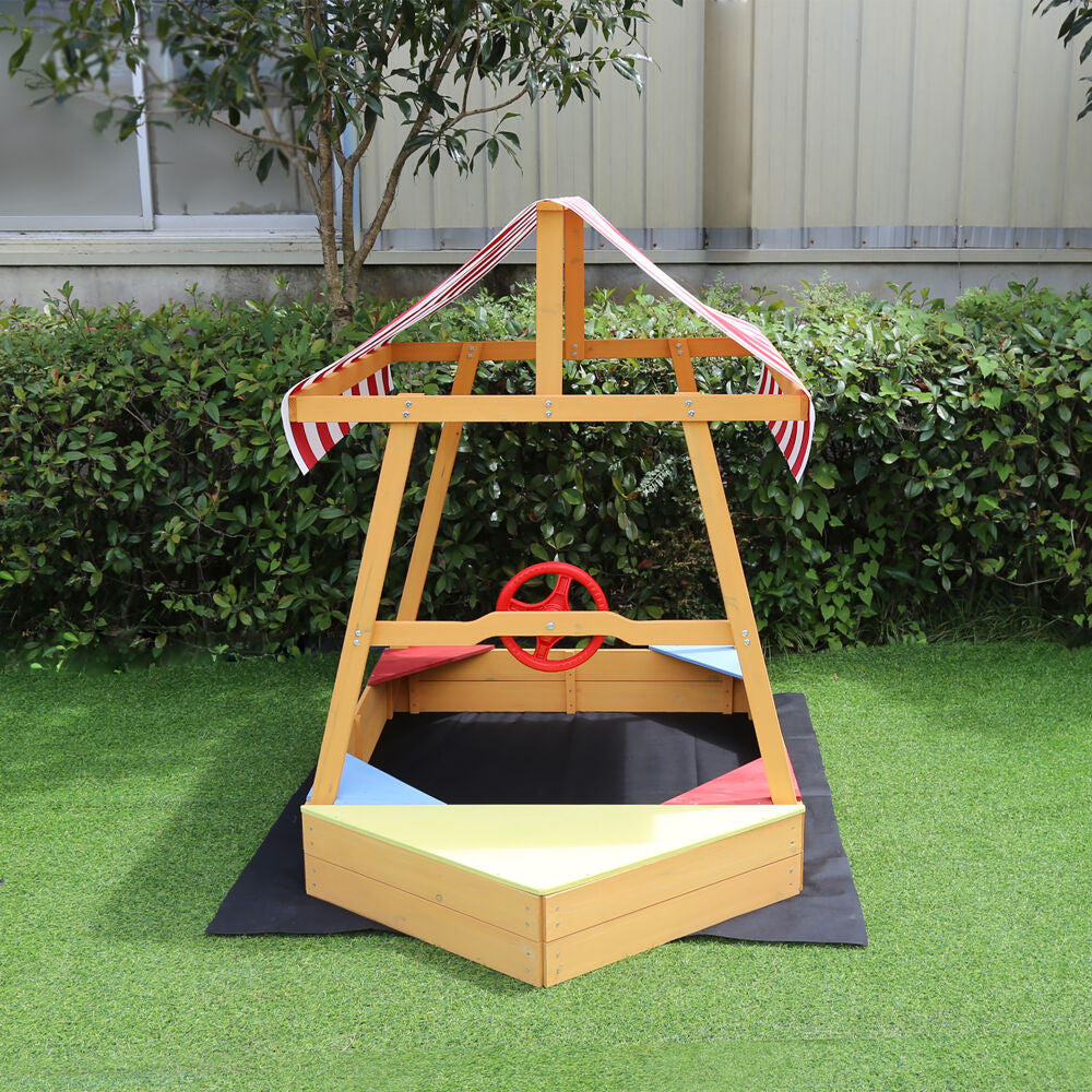 Critter Sitter Children's Wood Sand Box Boat with Red and White Striped Canopy， Wheel， and Bottom Liner - CSSB0103-NAT