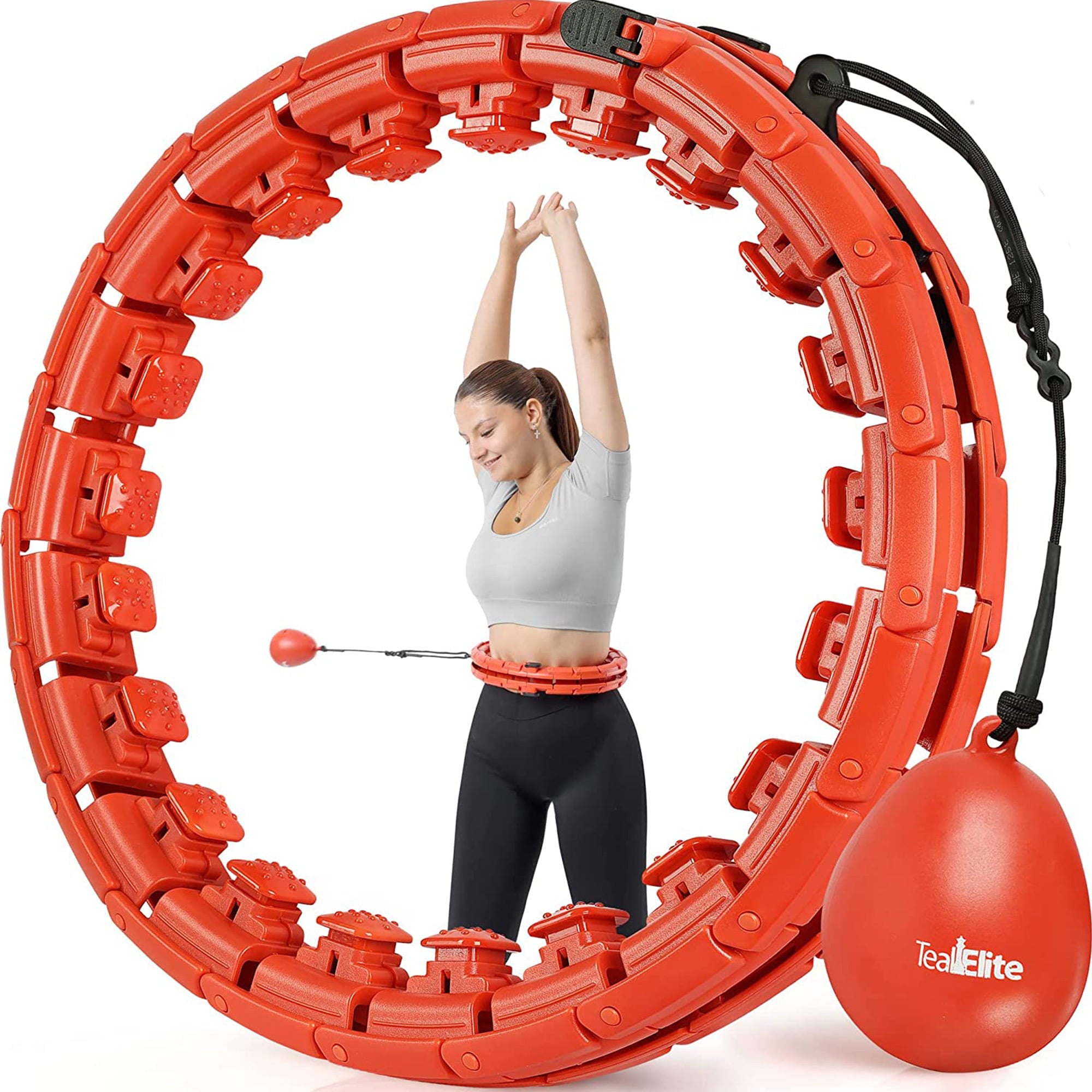 Teal Elite Smart Weighted Hula Hoop for Adults Fully Adjustable Infinity Hoop， Red