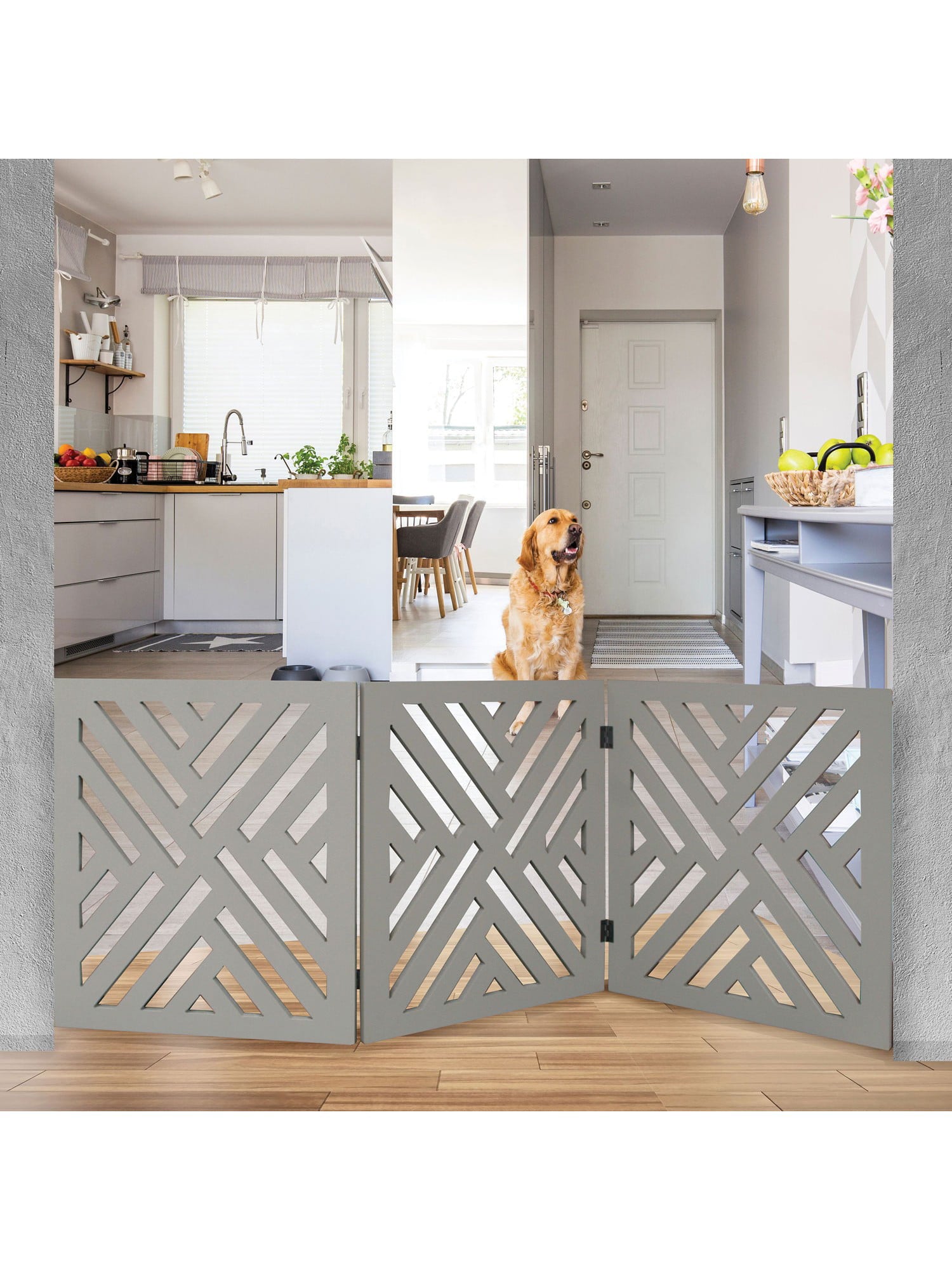 Etna 3-Panel Lattice Design Wooden Pet Gate， Grey - Decorative TriFold Pet Gate for Doorways， Stairs - Indoor/Outdoor Pet Barrier - Free Standing Pet Gate Measures 24-48