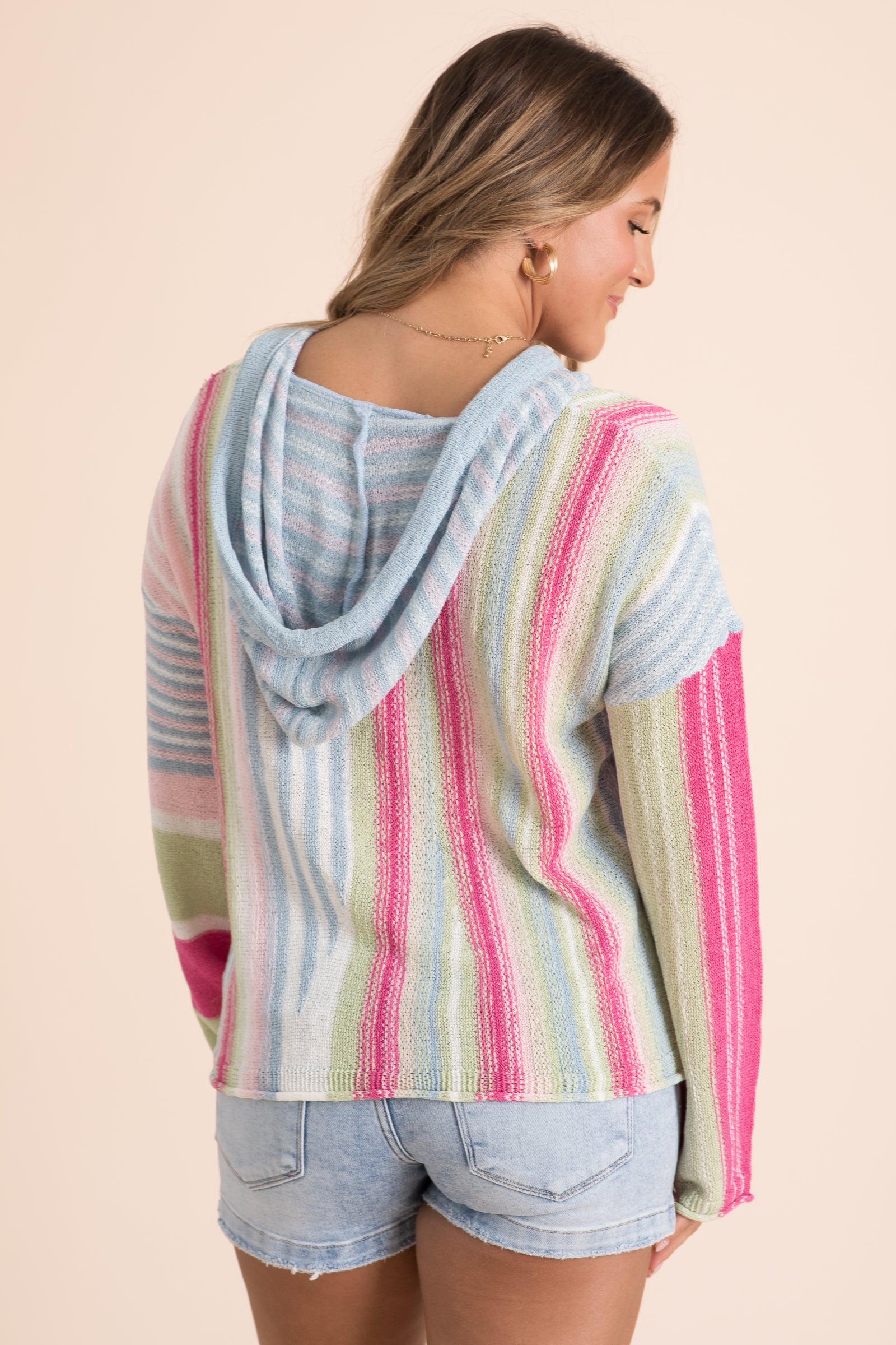 Multicolor Stripe Knit Hoodie Top