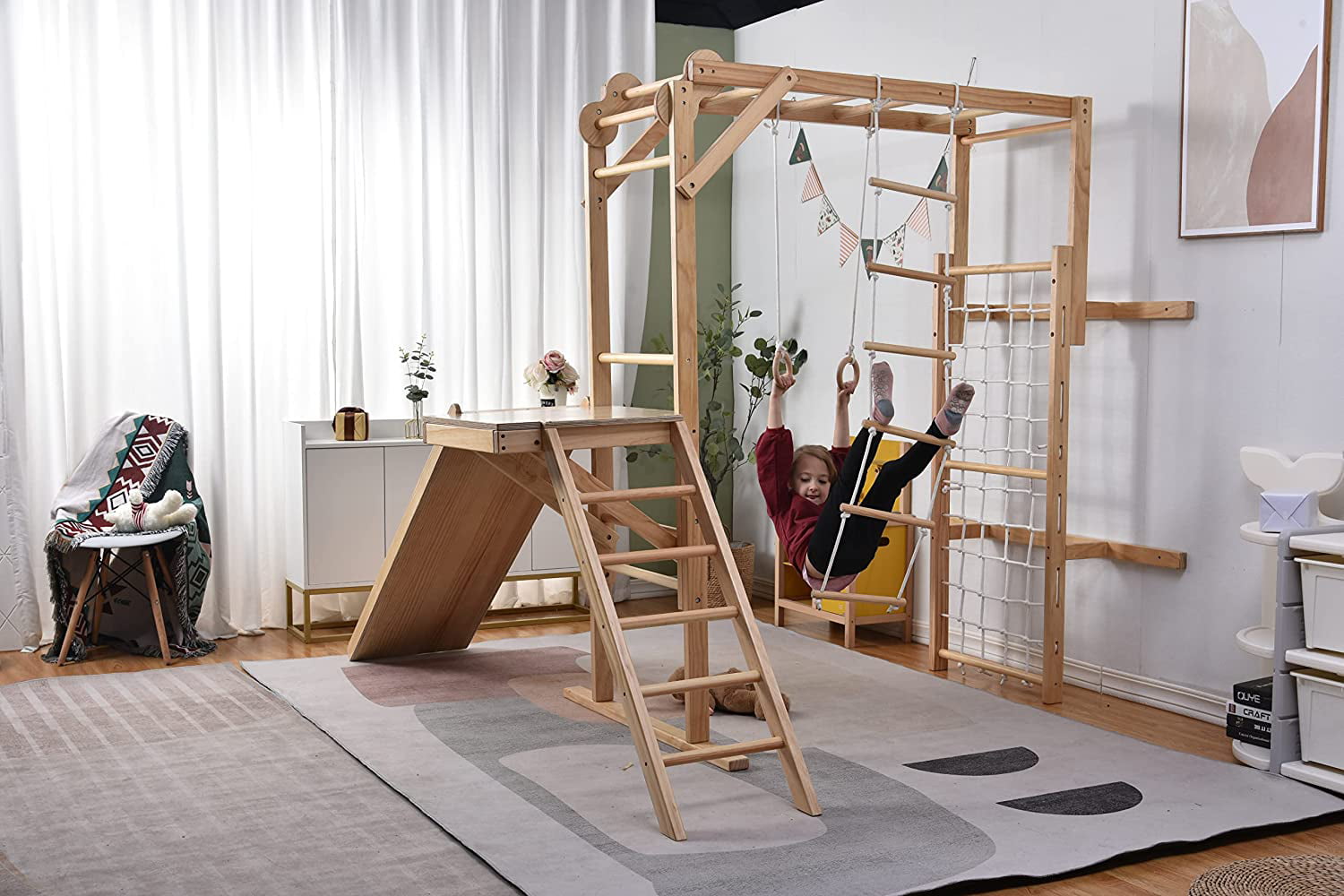 Avenlur Grove Indoor Jungle Gym Playground Wood PlaySet with Monkey Bars and Rope Wall Net， Kids Adventure， Ladder， Climber， Slide， Ring Set Play Structure Ages 2 - 11 (Large， Natural Wood)