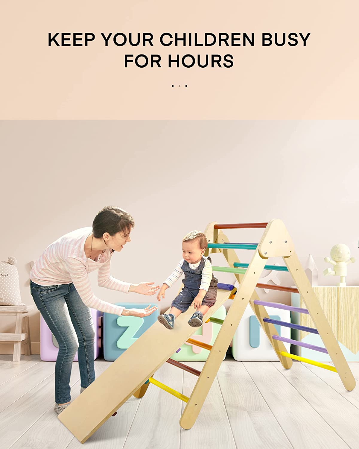 LAZY BUDDY Foldable Climbing Triangle with Ramp， Wooden Climber Ladder Indoor Outdoor Sliding Climbing Toy for Kids 2-7 Years