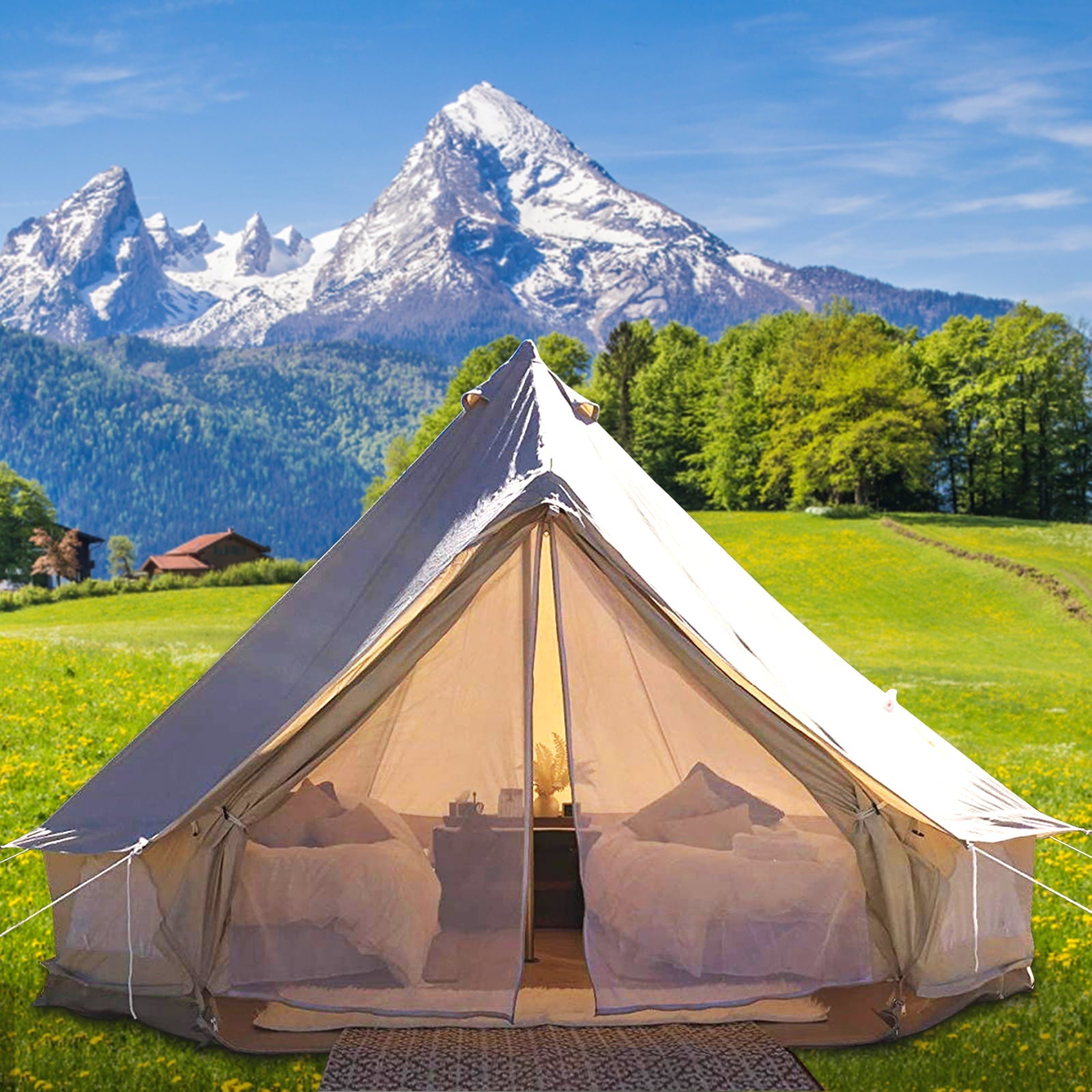 VEVORbrand Canvas Bell Tent 13.12ft /4m Cotton Canvas Tent with Wall Stove Jacket Glamping Tent Waterproof Bell Tent for Family Camping Outdoor Hunting in 4 Seasons