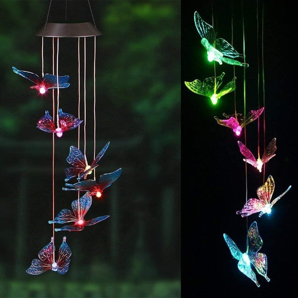 LINKPAL Solar Wind Chimes Outdoor， Color-Changing Solar Mobile Wind Chime Waterproof Solar Powered LED Hanging Lamp for Outdoor Garden Festival Decoration (Butterfly)