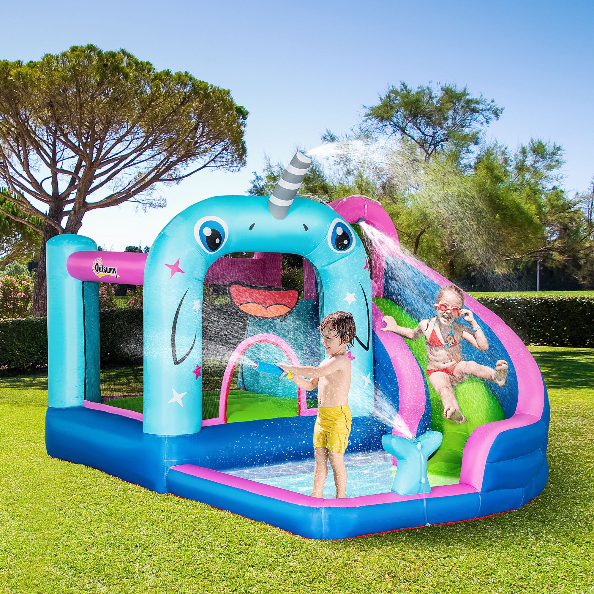 Outsunny 5-in-1 Water Slide Kids Inflatable Bounce House Narwhals Theme Water Park Includes Slide Trampoline Pool Cannon Climbing Wall with Carry Bag， Repair Patches without Air Blower