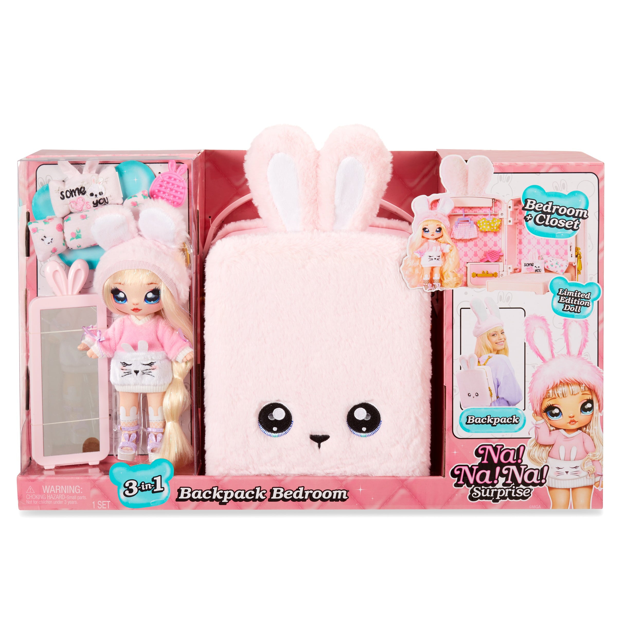 Na! Na! Na! Surprise 3-in-1 Backpack Bedroom Pink Bunny Playset with Limited Edition Doll Playset