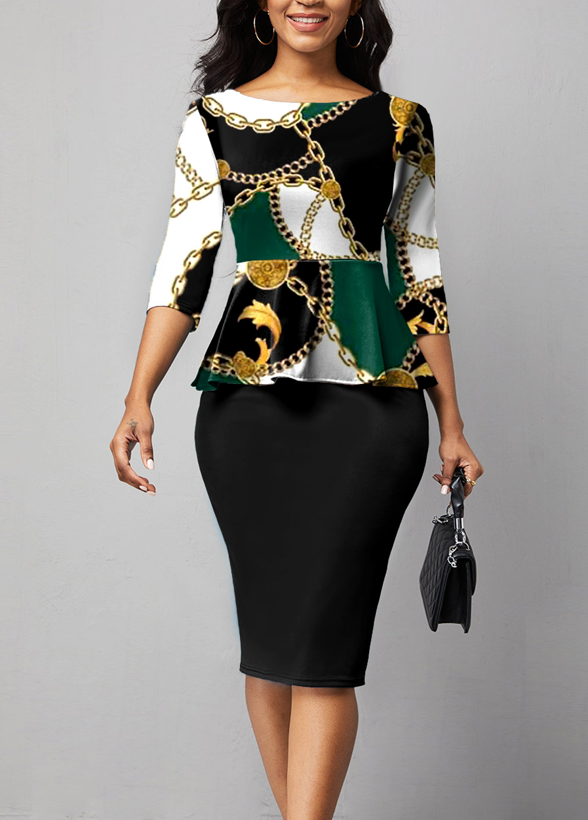 Chain Print Ruffle Black Midi Dress