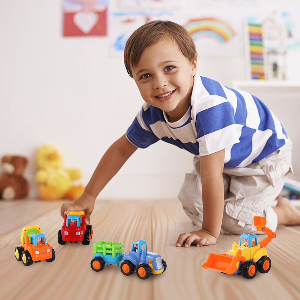 Coogam Friction Powered Cars Construction Vehicles Toy Set Cartoon Push and Go Car Tractor for 1 Year Old Boy(4 Pack)