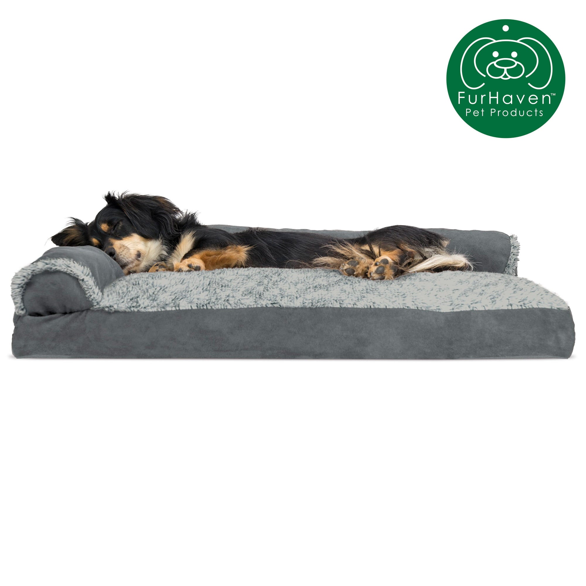 FurHaven Pet Products | Faux Fur and Suede Chaise Lounge Pillow Sofa-Style Pet Bed for Dogs and Cats， Stone Gray， Medium