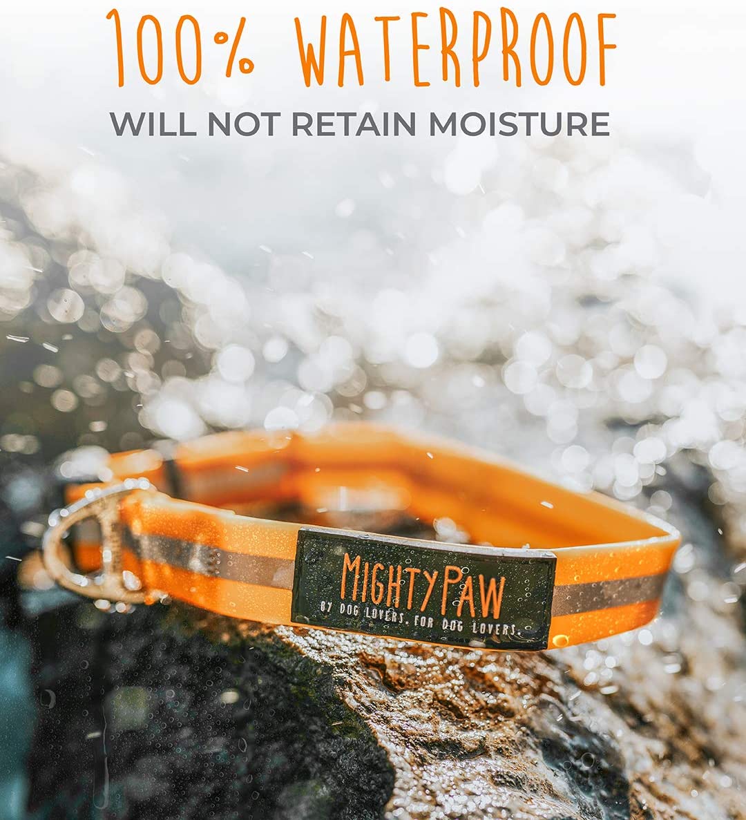 Mighty Paw Waterproof Dog Collar， Smell-Proof Active Dog Gear， Coated Nylon Webbing with Reflective Stripe