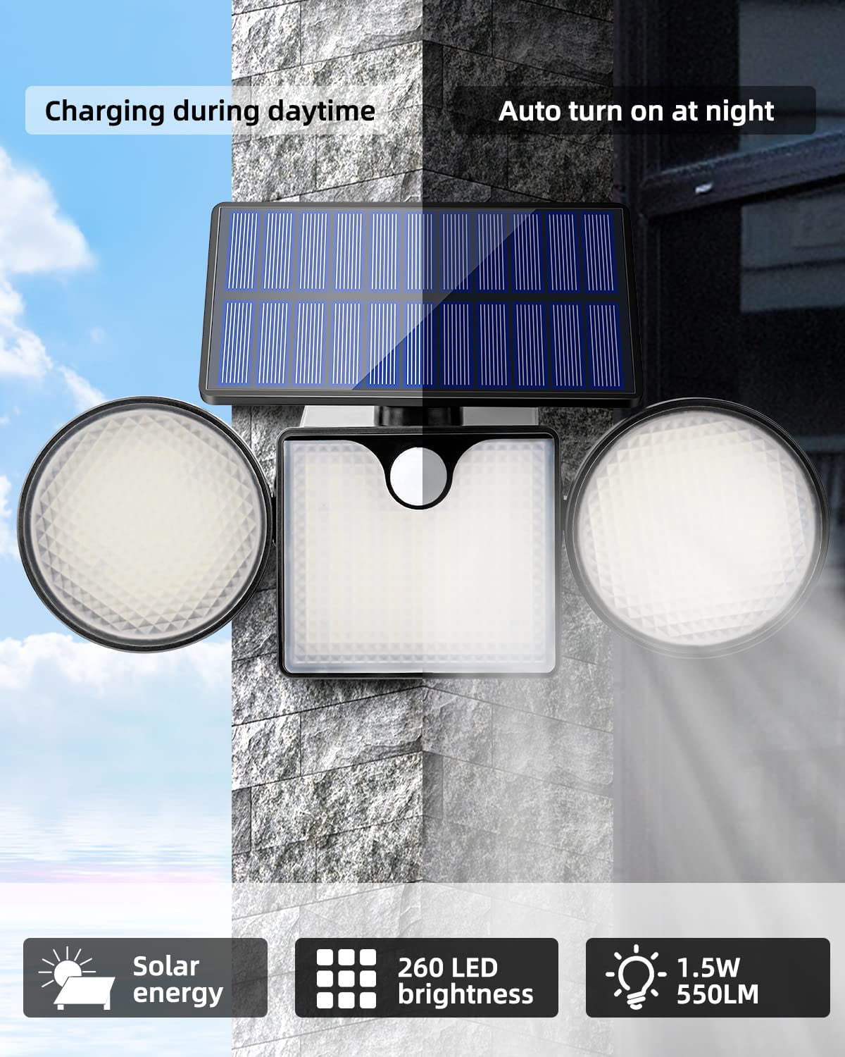 Ucgg Solar Wall Lights Outdoor， Motion Sensor 224 LED 1500Lm Solar Flood Lights 3 Adjustable Head 270° Wide Angle Lighting， IP65 Waterproof for Porch Yard Garage Pathway -1Pack