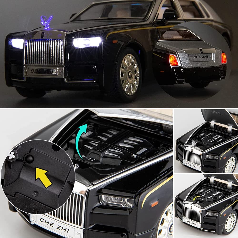 Cocobaby Upgrade Version -Exquisite car Model 1/24 Rolls-Royce Phantom Model Car，Zinc Alloy Pull Back Toy car with Sound and Light for Kids Boy Girl Gift. (Silver-Black)