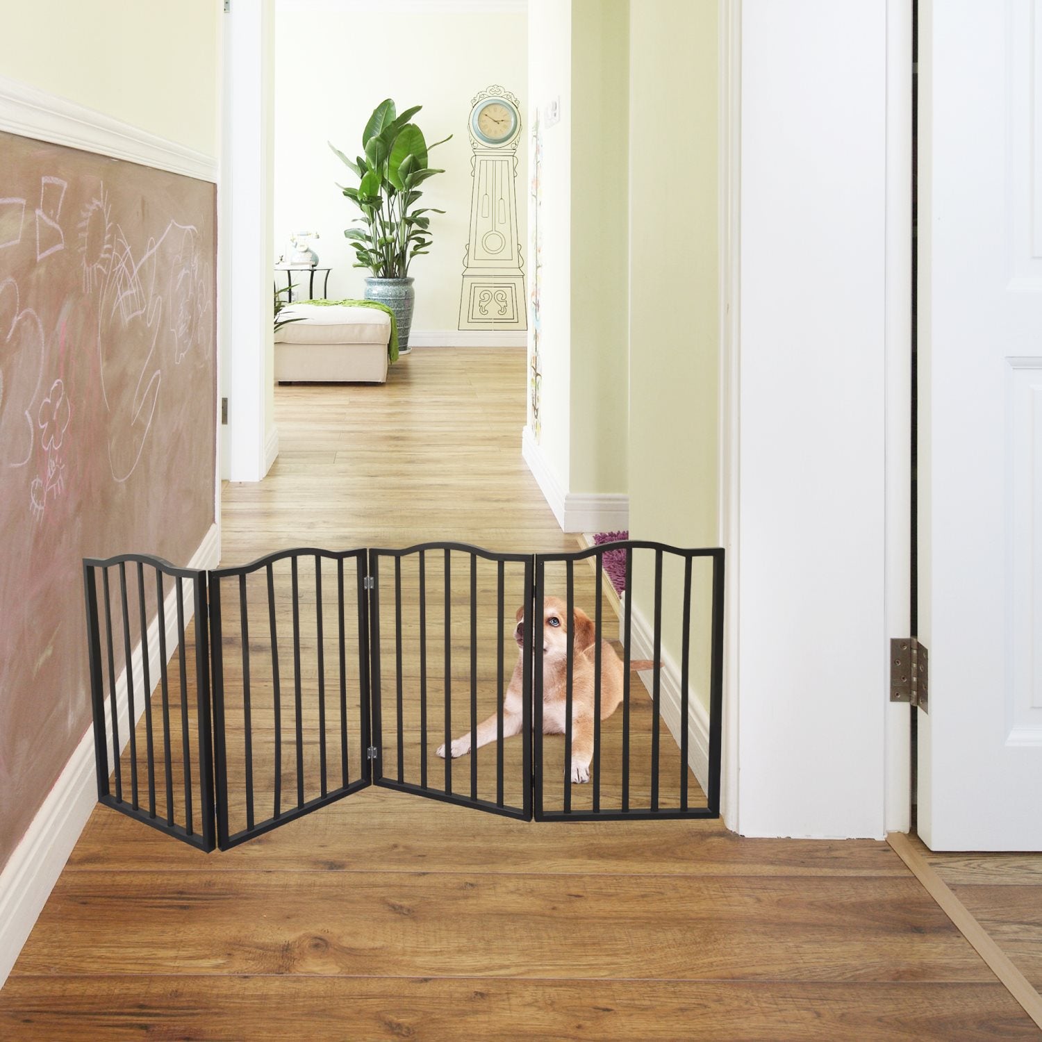 ANOGOL Foldable Pet Gate for Dogs， Dog Gate for Doorway， Stairs or House， Wooden Indoor Dog Fence， 32 inch 4 Panels Step Over Fence， Extra Wide，Brown