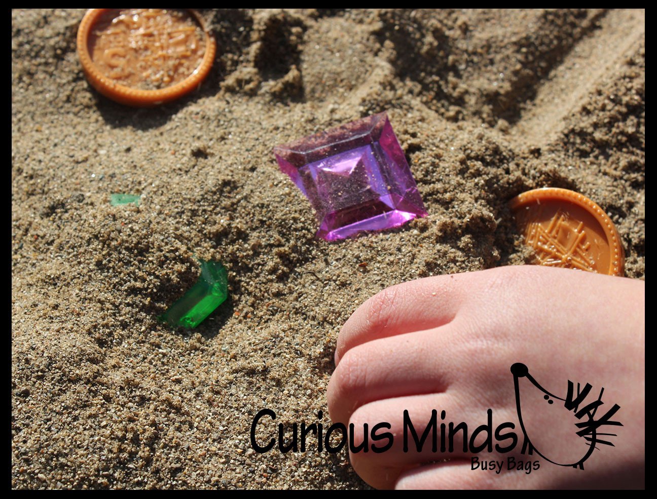 Sand Sifter with Large Gem and Coin Treasure Hunt Sand Toy - Dig sift and find buried coins jewels and gems