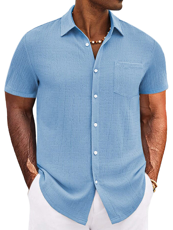 Men's Casual Simple Solid Color Texture Short-sleeved Button-down Shirt