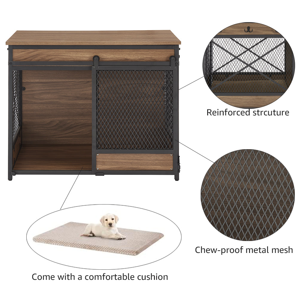 Unipaws Furniture Style Dog Crate， Wooden Mesh Pet Kennels with Cushion and Hooks， Dog House Indoor Use， Walnut