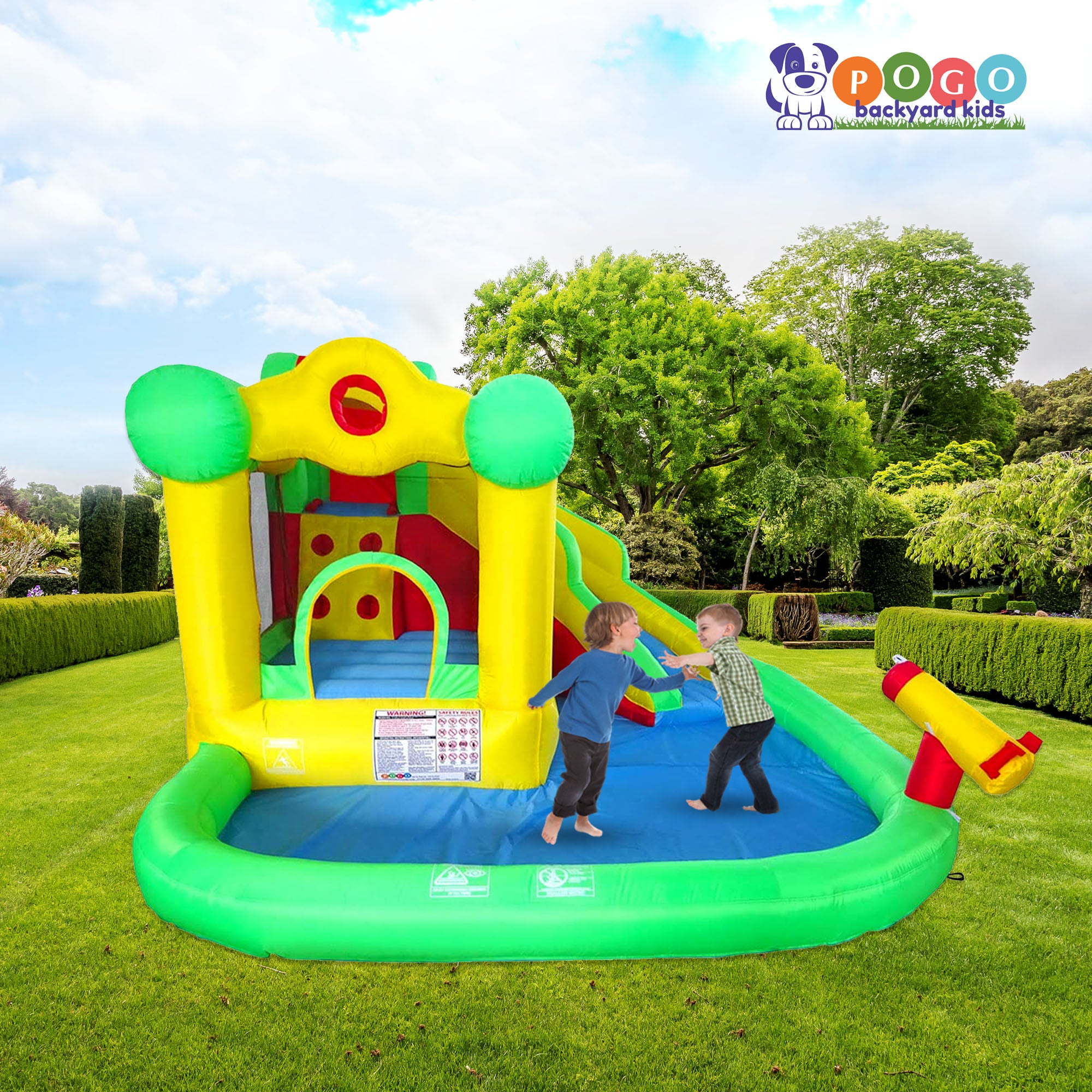 Pogo Bounce House Backyard Kids Home Water Park Inflatable Water Slide with Bouncer