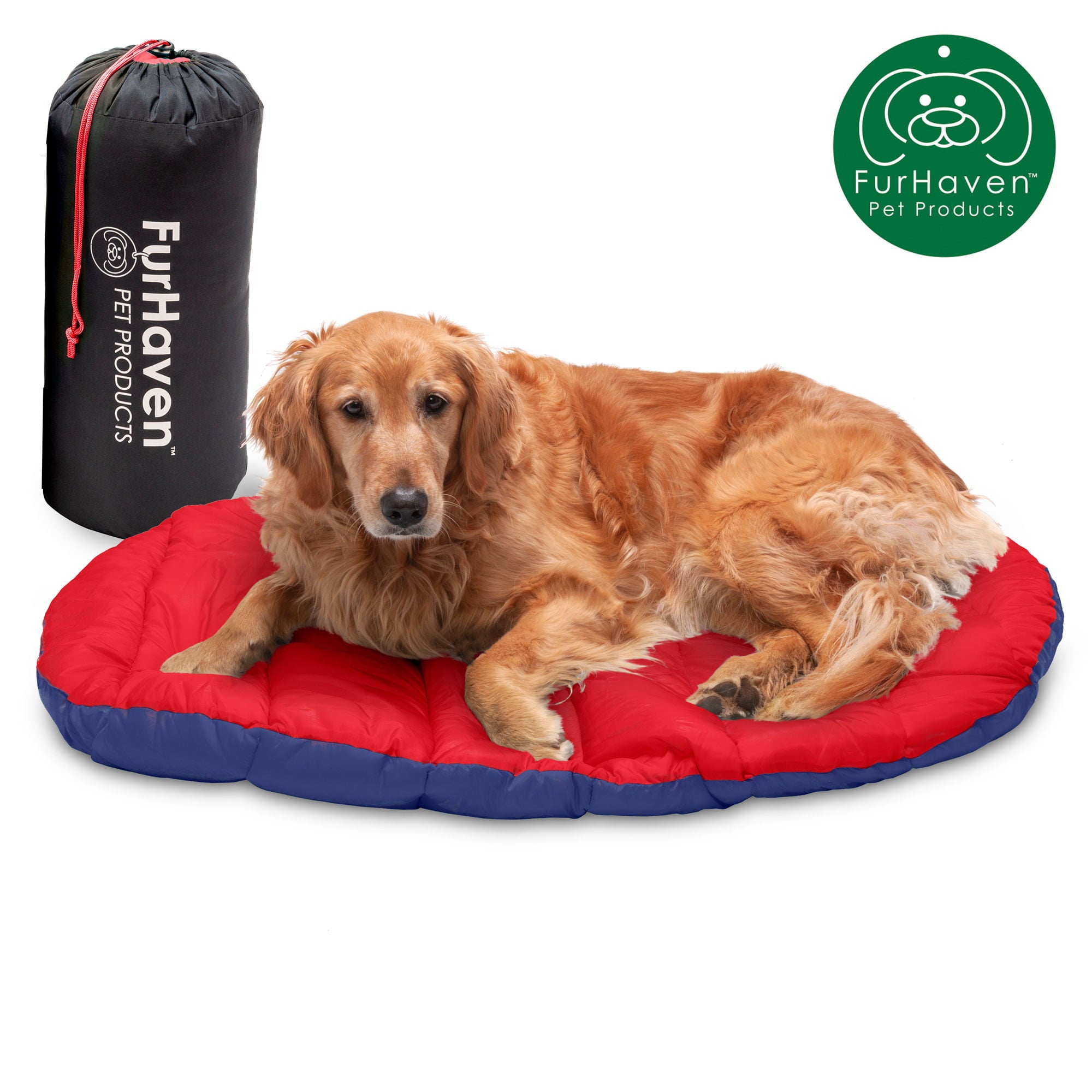 FurHaven | Trail Pup Packable Stuff Sack Travel Pillow Bed for Dogs and Cats， Flame Red and True Blue， Large