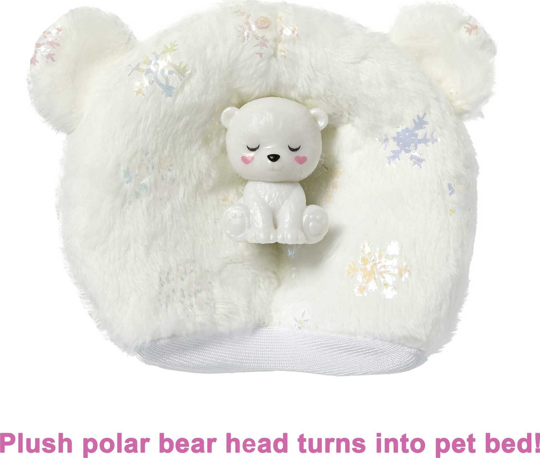 Barbie Cutie Reveal Snowflake Sparkle Fashion Doll, Polar Bear Plush Costume, Mini Pet & Accessories