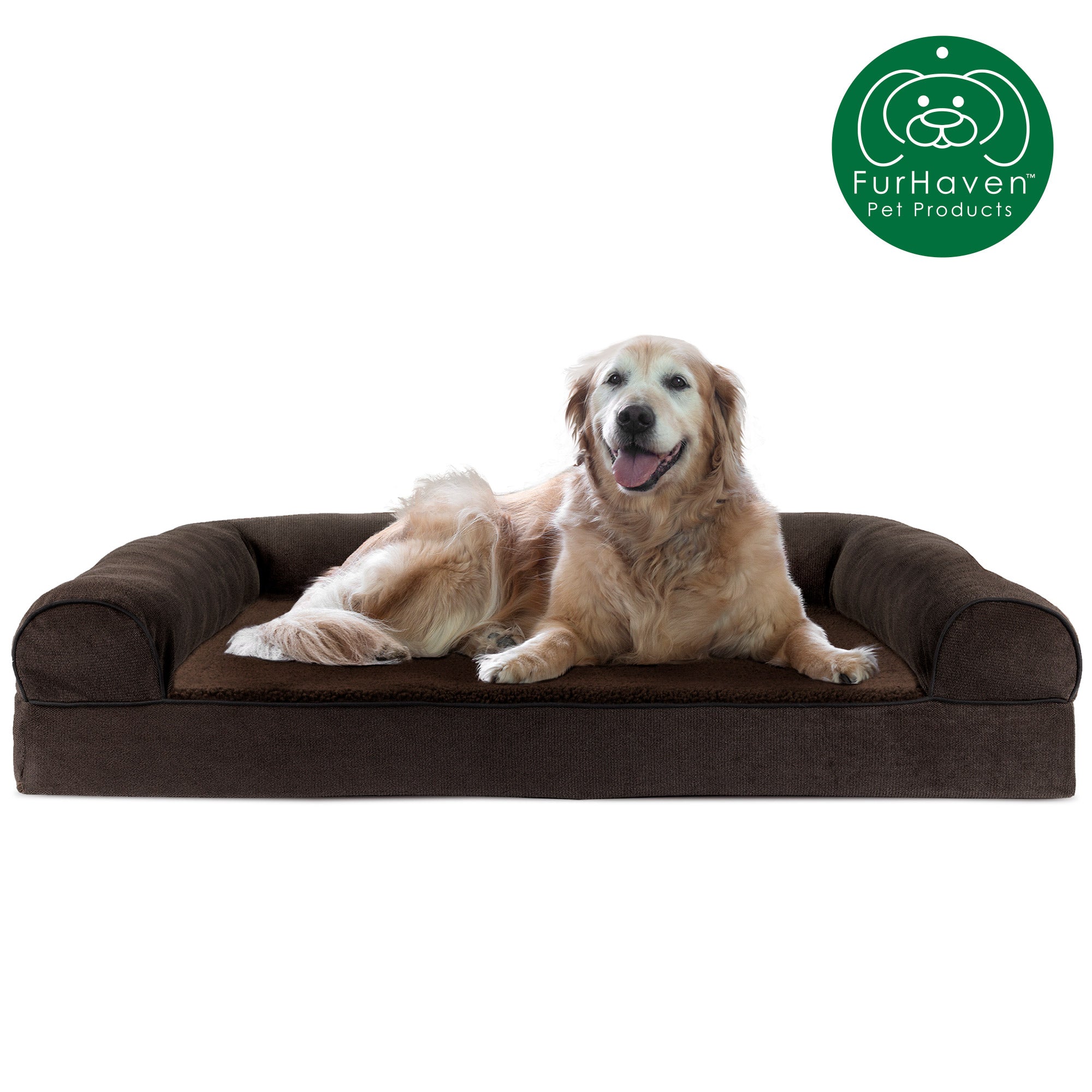 FurHaven | Cooling Gel Faux Fleece and Chenille Sofa Pet Bed for Dogs and Cats， Coffee， Jumbo