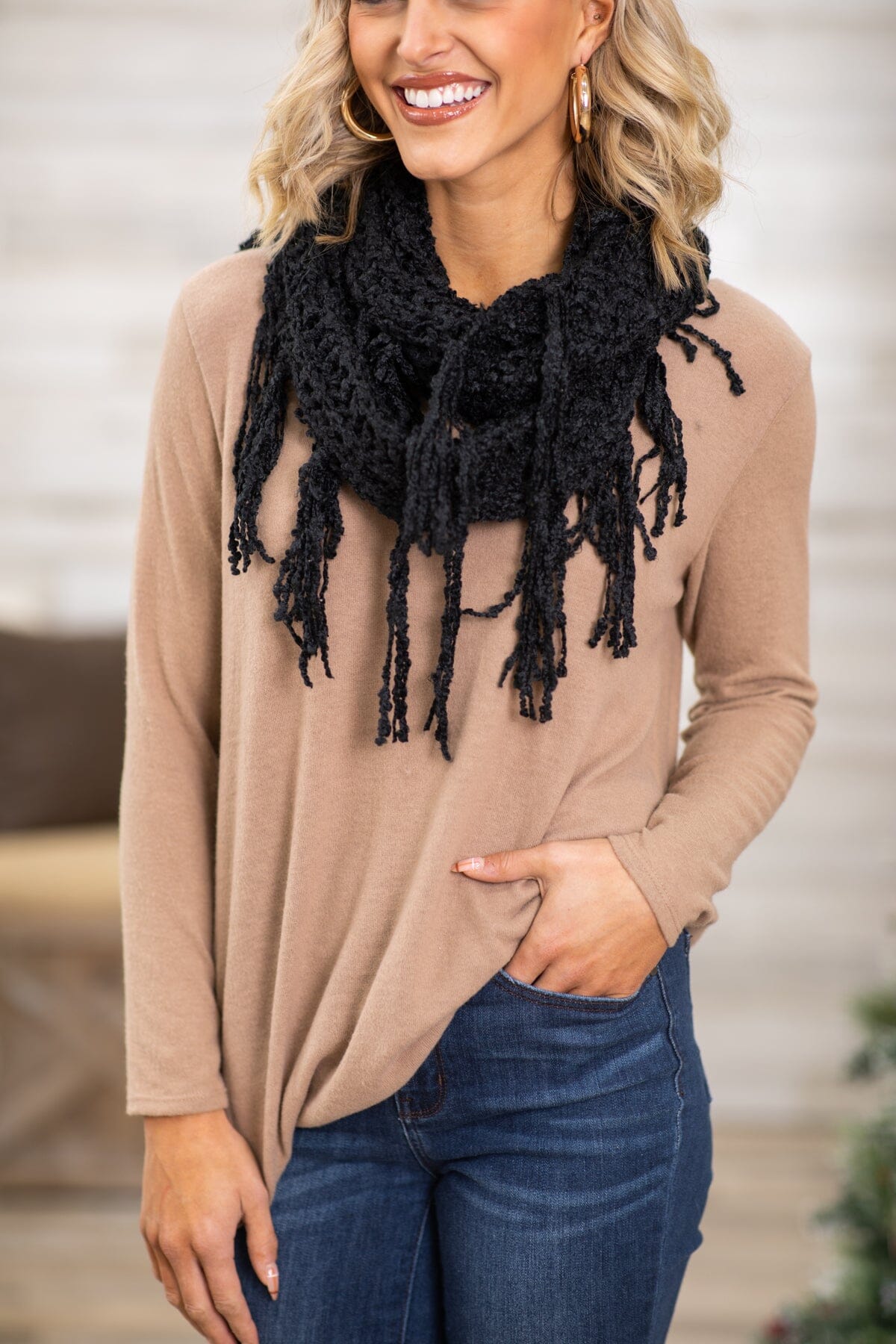 Taupe Top and Black Infinity Scarf Bundle