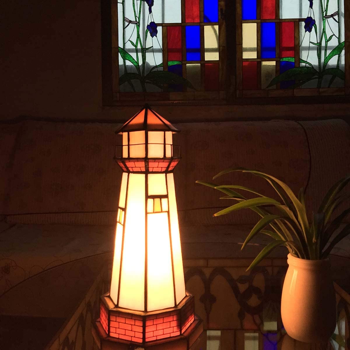 SHADY L10626 Lighthouse  Style Stained Glass Accent Table Lamp Night Light  6"W x 12"H