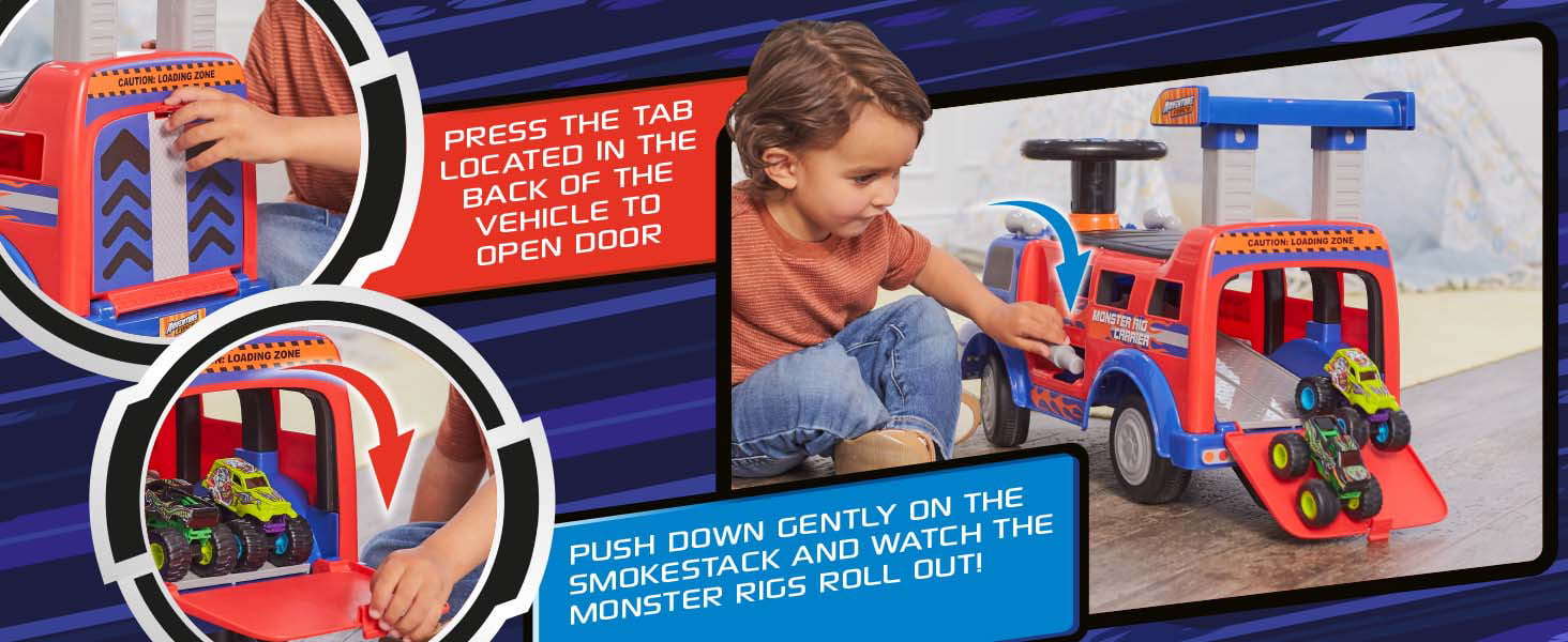 Ride On Toy Adventure Force Monster Rig Carrier Transportation Ride on for Kids 1-3 Years Old， Supports up to 44lbs