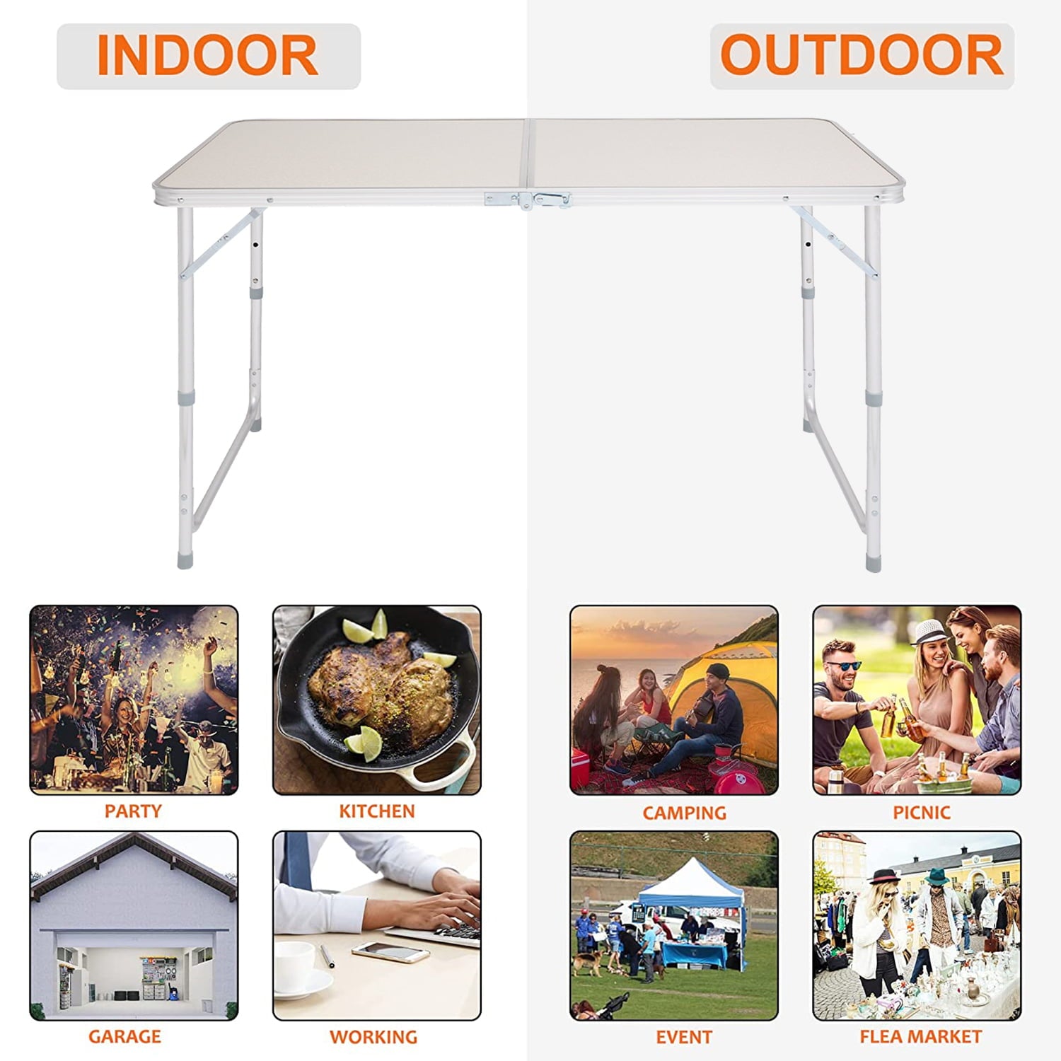 Outdoor Folding Table， Adjustable Height Aluminum Portable Tables w/ Handle， BBQ Folding Work Table， Folding Table for Indoor Outdoor Picnic Party Dining Camping Meeting， 47