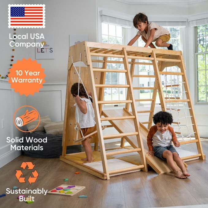 Avenlur Indoor Toddler and Child Indoor Gym Playground Climber - Real Wooden Playset 6-in-1 Slide， Rock Climb Wall， Rope Wall Climbing， Monkey Bars， Swing， Ladder Fun Gym for Children