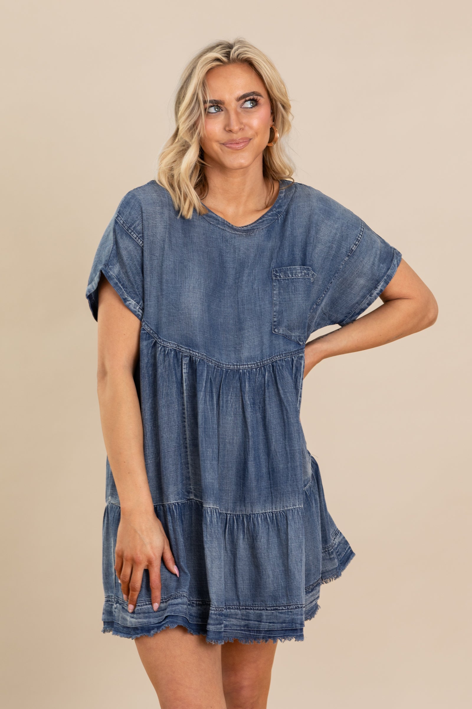 Denim Washed Chambray Oversized Tier Dress