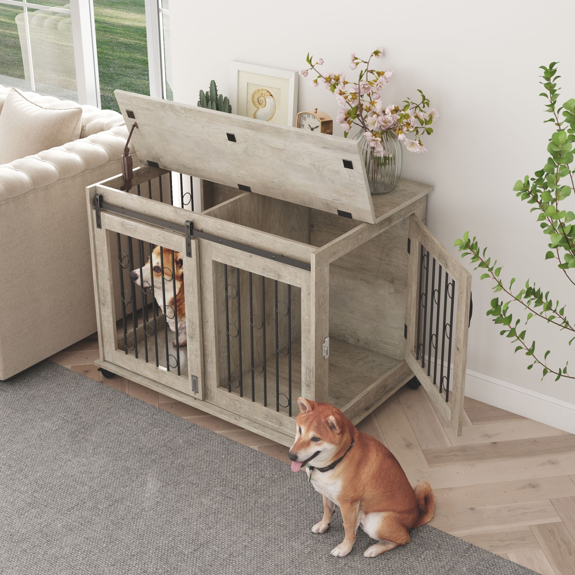 Ouyessir Dog Crate， Large Dog Kennel Furniture Indoor，Chew-Resistant Natural Wood Dog House，Gray