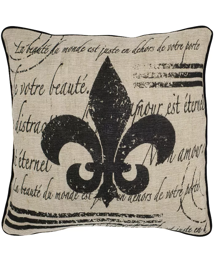 Rizzy Home Scripted Fleur de Lis Polyester Filled Decorative Pillow， 18