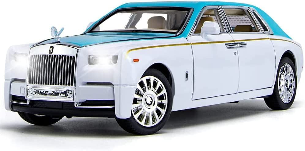 Cocobaby Upgrade Version -Exquisite car Model 1/24 Rolls-Royce Phantom Model Car，Zinc Alloy Pull Back Toy car with Sound and Light for Kids Boy Girl Gift. (Blue-White)