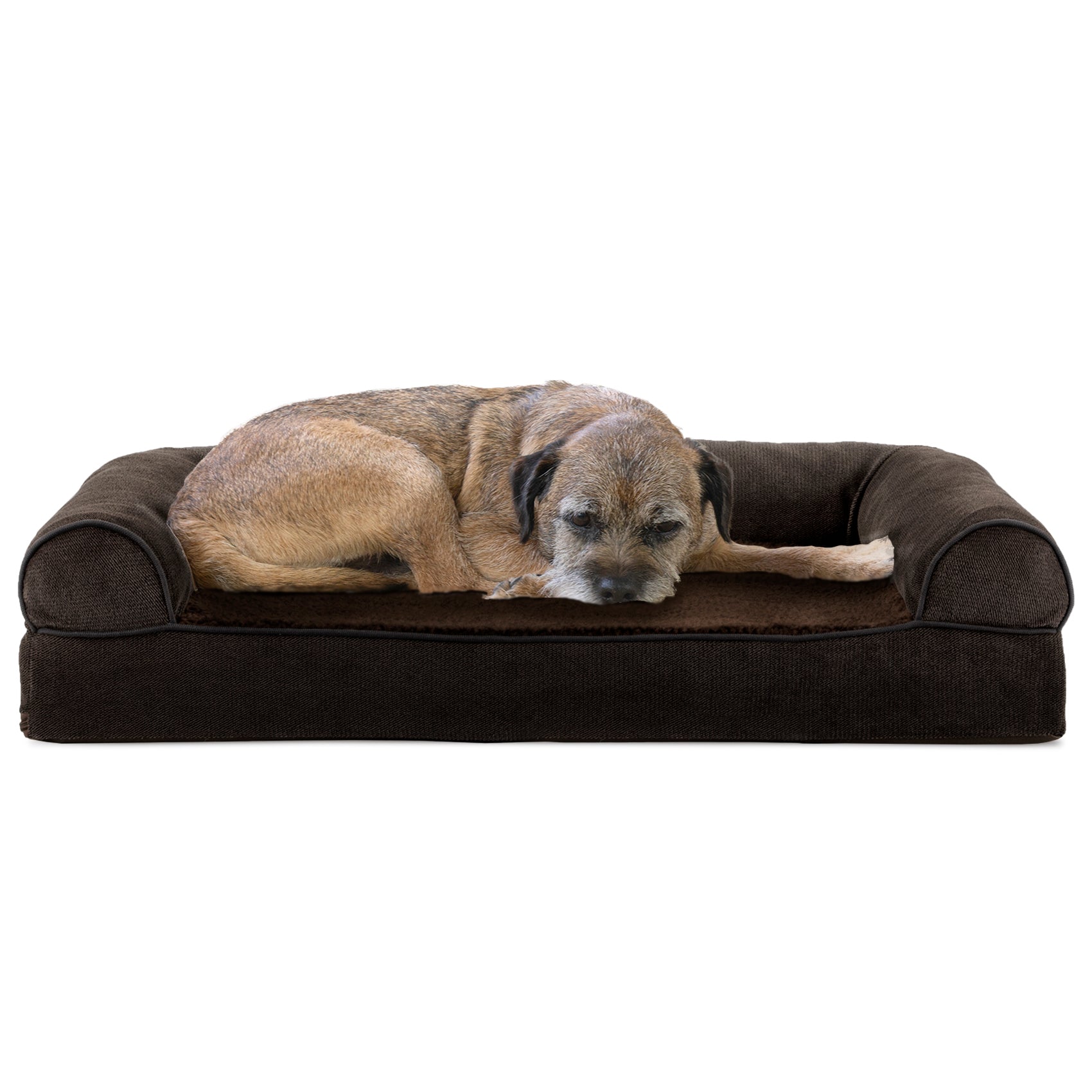 FurHaven | Cooling Gel Faux Fleece and Chenille Sofa Pet Bed for Dogs and Cats， Coffee， Medium