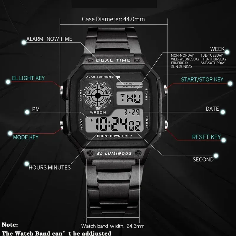 LIUYANGTIAN Luxury Stainless Steel Strap Sport Watches Men Military Digital Watches Waterproof Clock LED Men's Sport Wristwatch
