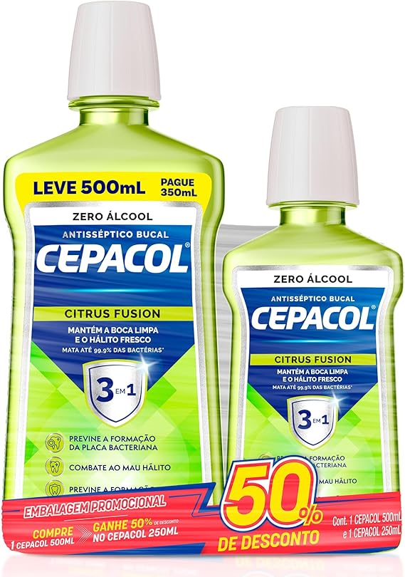 Enxaguante Bucal  500ml + Enxaguante Bucal 250ml Zero Alcool Citrus Fusion Cepacol Gratis 50% de Desconto Cepacol 250ml