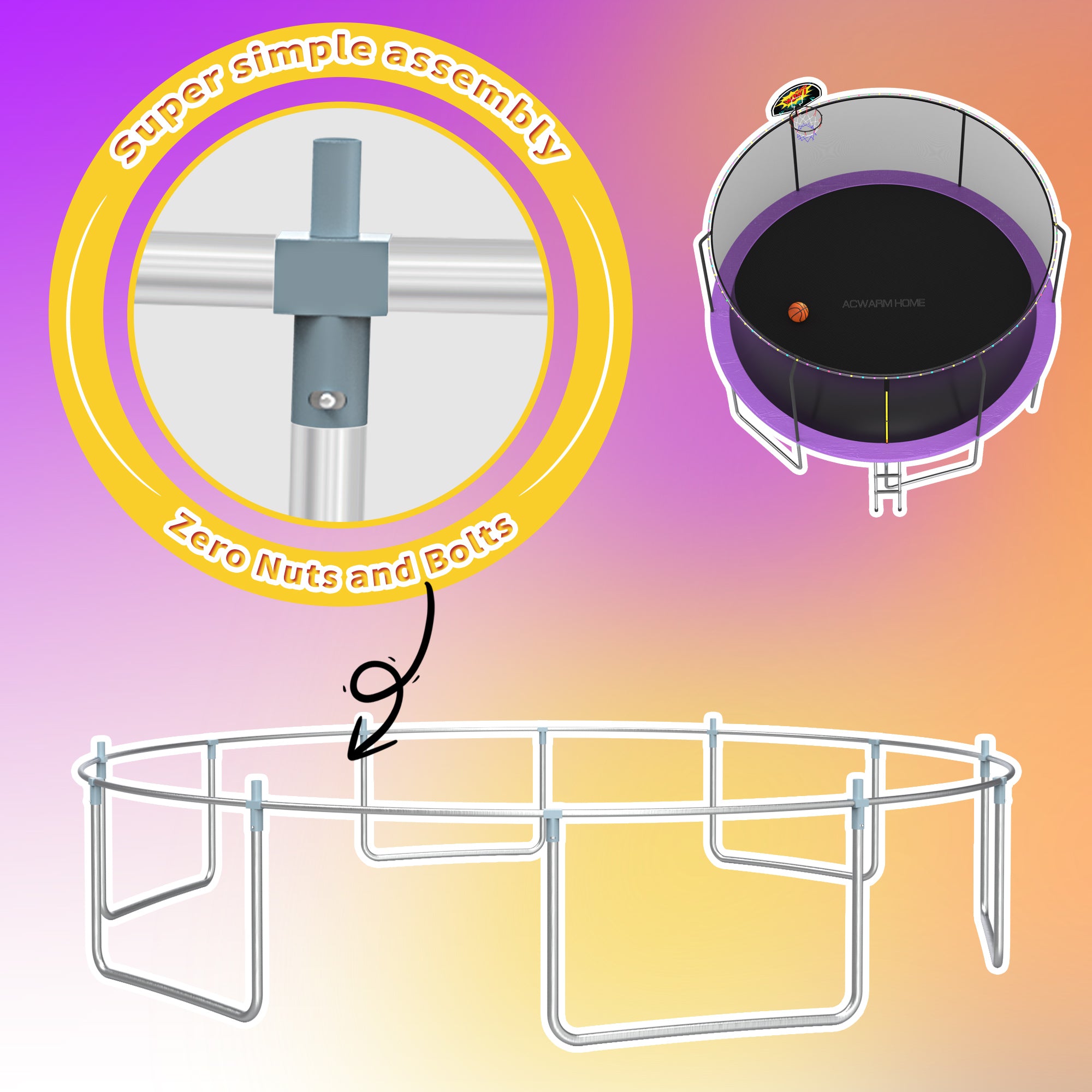 ACWARM HOME 14FT Purple Outdoor Trampoline with Basketball Hoop