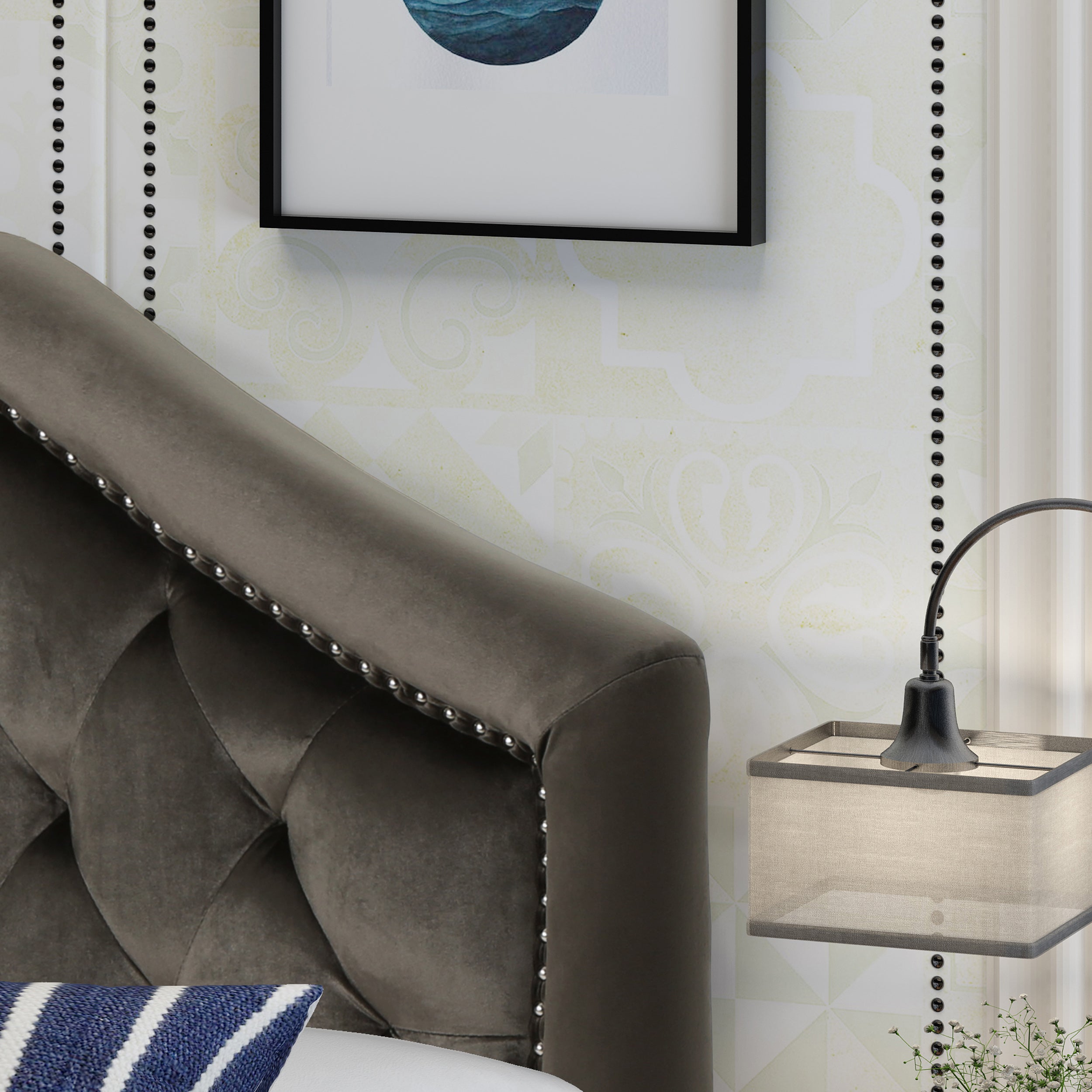 Lazarus New Velvet Studded Seam Tufted Queen/Full Headboard